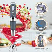 Cordless Immersion Blender: 4-in-1 Rechargeable Cordless Hand Blender, 21-Speed & 3-Angle Adjustable with Chopper, Beaker, Whisk, Beater for Milkshakes | Smoothies | Soup Baby Food (Grey)