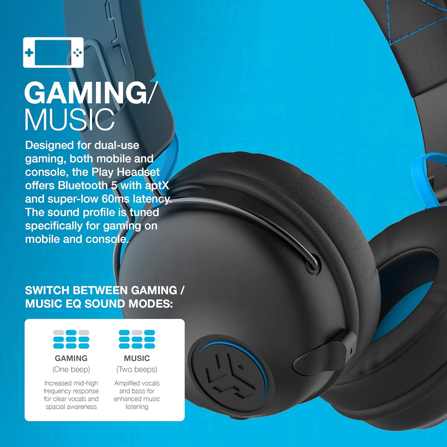 JLab Audio Play Gaming Wireless Headset | 22+ Hour Bluetooth 5 Playtime 60ms Super-Low Latency for Mobile Gameplay | Retractable Boom Mic | AUX Gaming Cord Compatible with Gaming Consoles