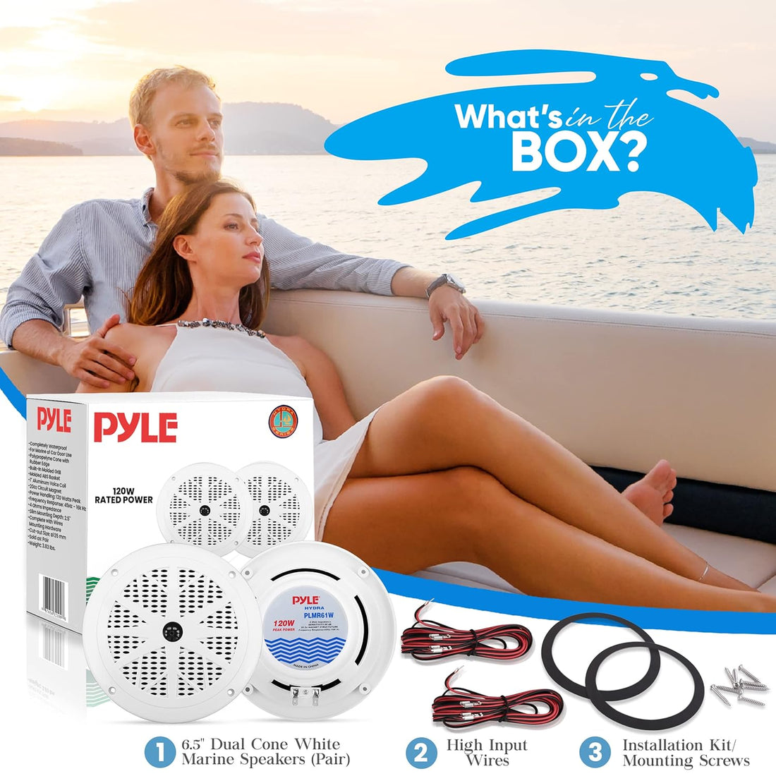 Pyle PLMR61W Dual 6.5'' Waterproof Marine Speakers, Full Range Stereo Sound, 120 Watt, White (Pair)