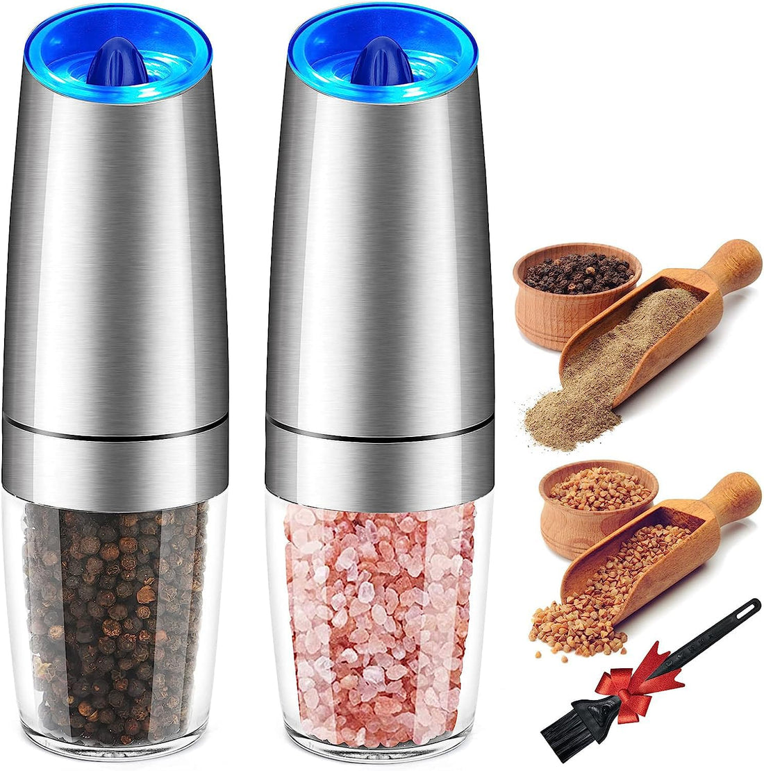 Enutogo Gravity Electric Pepper and Salt Grinder Set, Automatic Pepper Mill with Adjustable Coarseness, Battery Powered with LED Light, One Hand Operation, Stainless Steel, 2 Pack (Silver)
