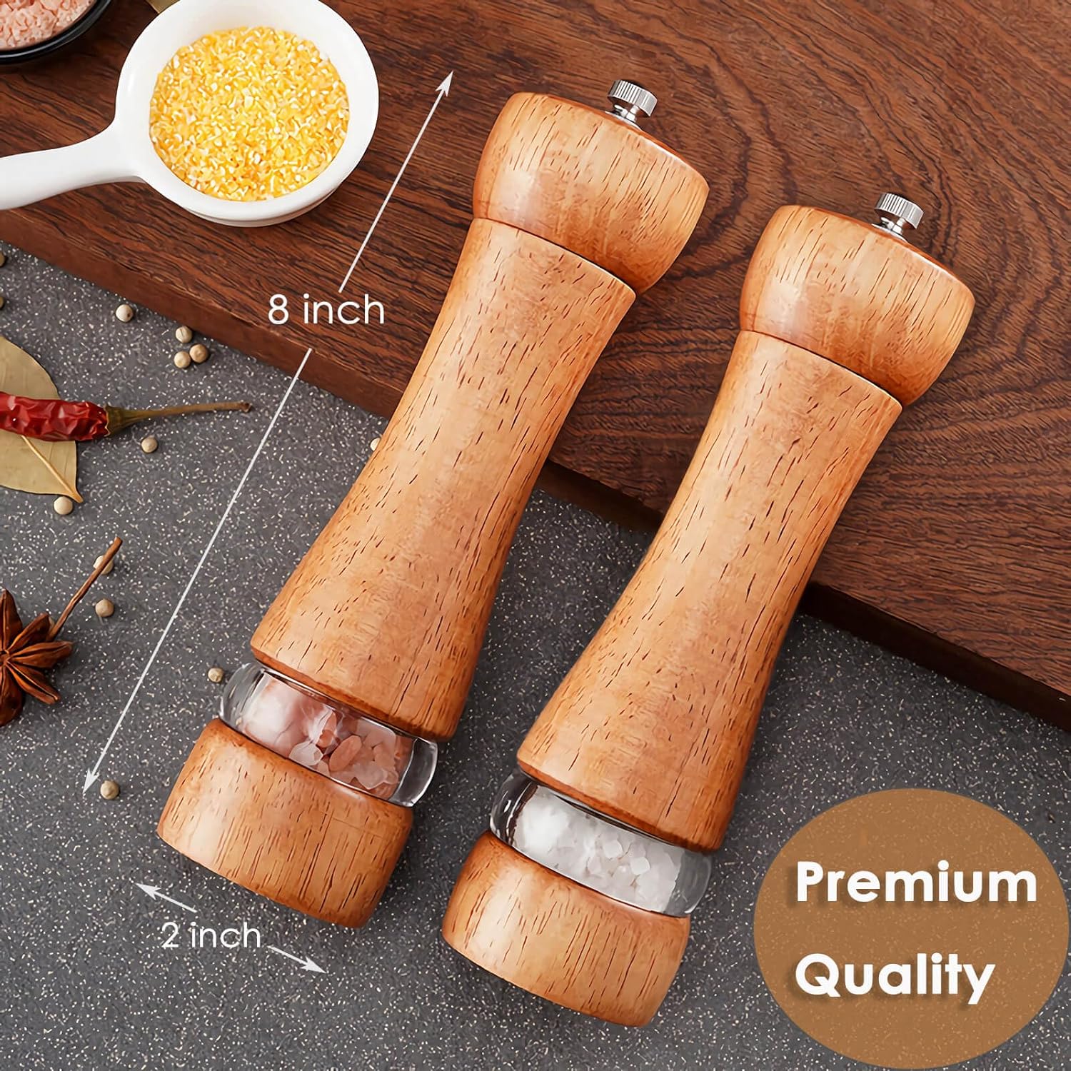 2-Piece Salt and Pepper Grinder Set, 8 Inch Tall Wooden Salt & Pepper Mill Sets with Adjustable Coarseness, Refillable Manual Pepper and Sea Salt Mills for Home Cooks