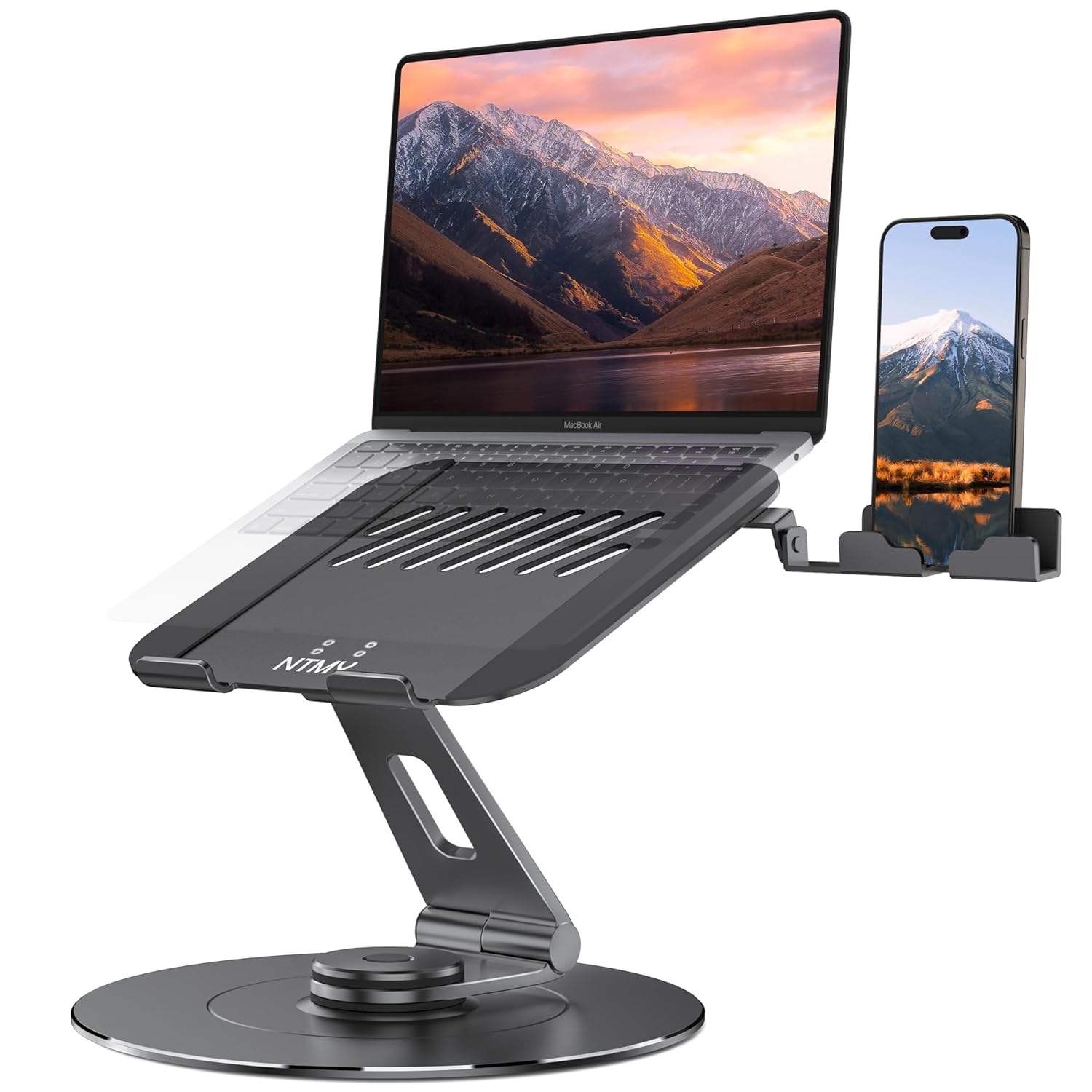 NTMY 360 Rotating Laptop Stand for Desk with Phone Holder, Aluminum Sturdy Adjustable Foldable Computer Stand Fits All MacBook Laptops Tablets 10-17" (Space Grey)