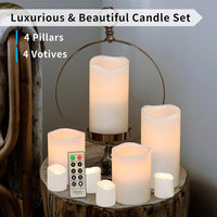 Furora LIGHTING LED Flameless Candles with Remote Control, Set of 8, Real Wax Battery Operated Pillars and Votives LED Candles with Flickering Flame and Timer Featured - White