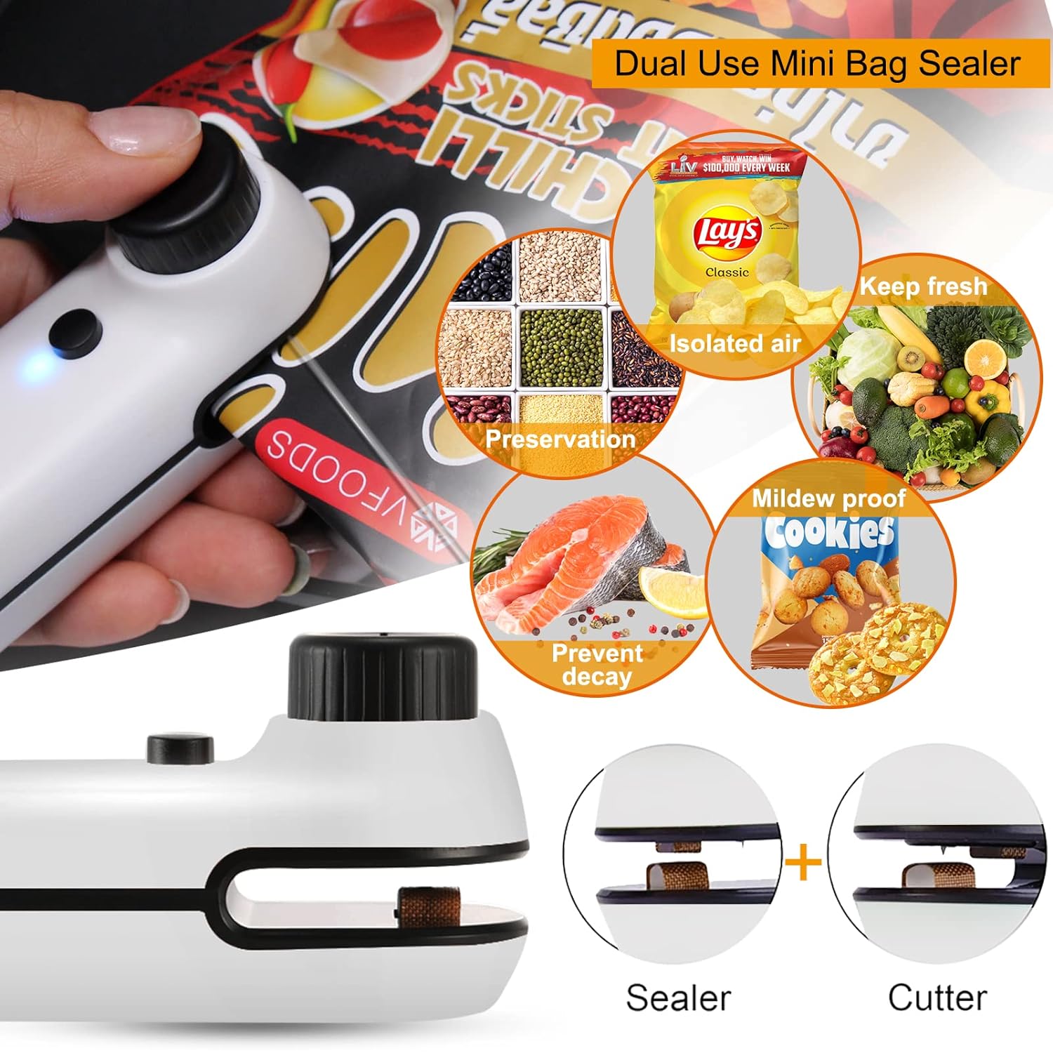 Mini Bag Sealer, 2 PACK HSLGOVE 2in1 Bag Sealer Heat Seal Rechargeable and Cutter, Mini Chip Bag Sealer Heat Seal with Soft Magnetic