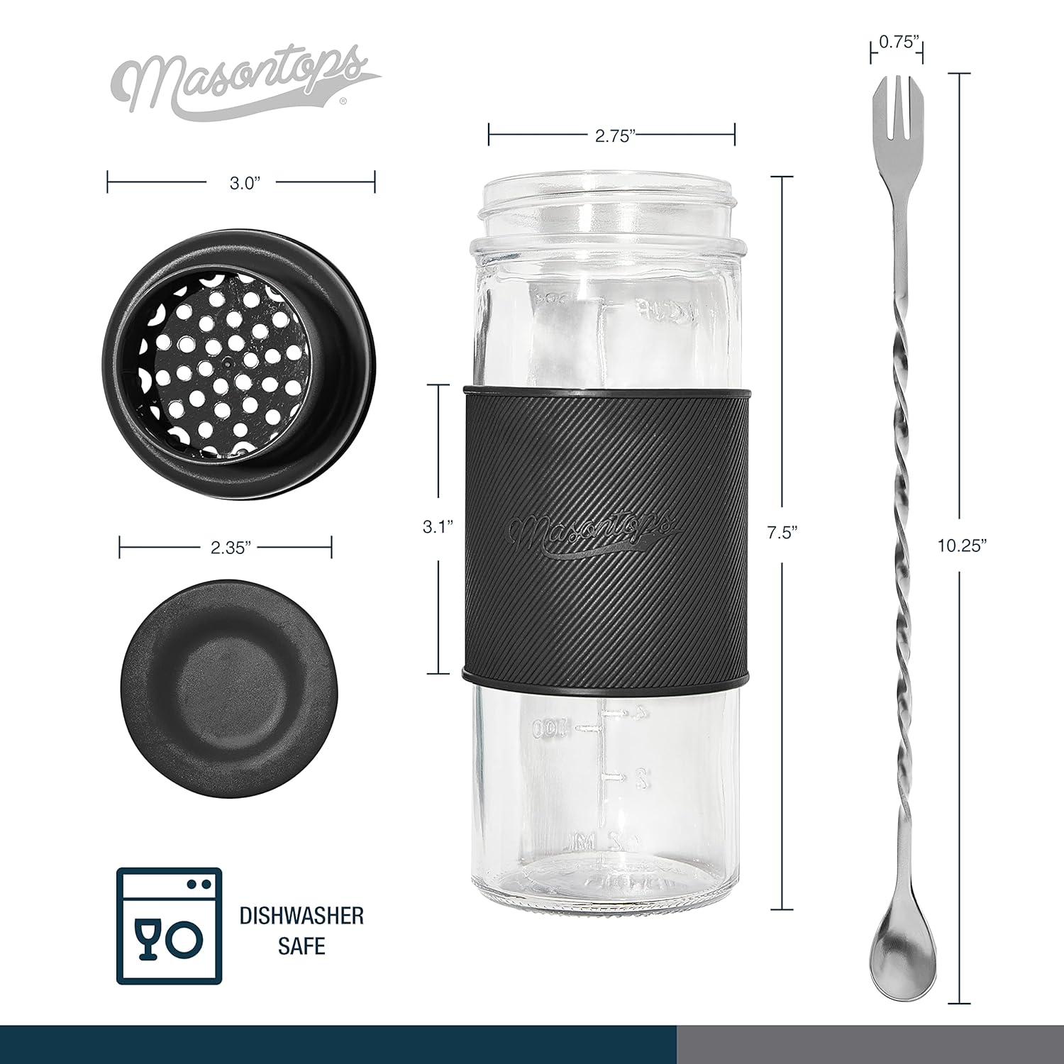 Masontops Cocktail Shaker Set – Glass Mason Jar Drink Shaker – 4 PC Set with Metal Swizzle Stick - Black