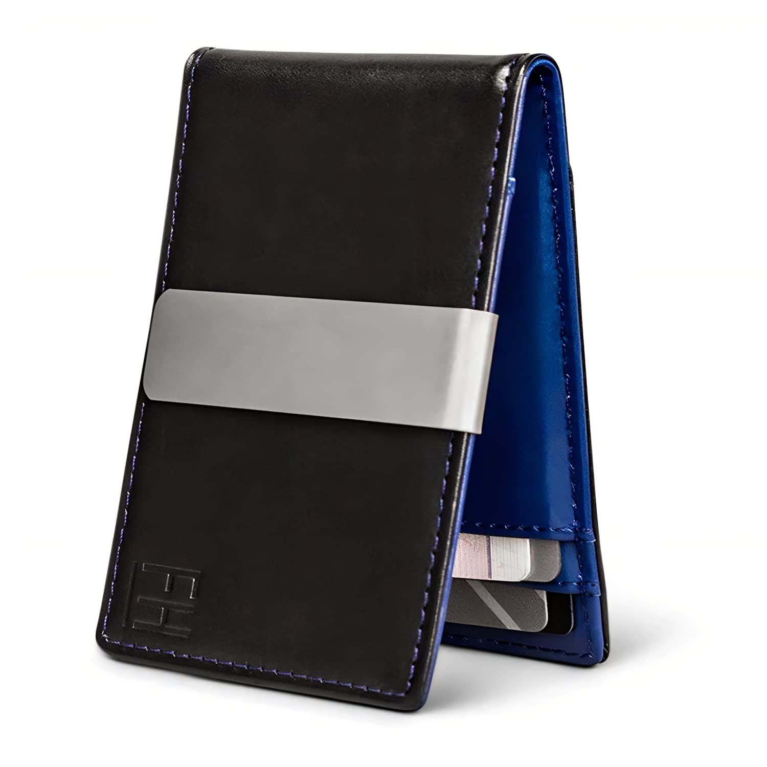 F&H Minimalist Slim Leather Wallet Money Clip Holds 8 Cards (Smooth Black/Blue)