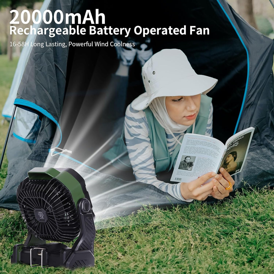 WESTTREE Camping Fan with LED Lantern, Rechargeable Battery Operated Outdoor Tent Fan with Light & Hook, 270° Pivot, 4 Speeds, Personal USB Desk Fan for Camping, Power Outage Jobsite Green X26A