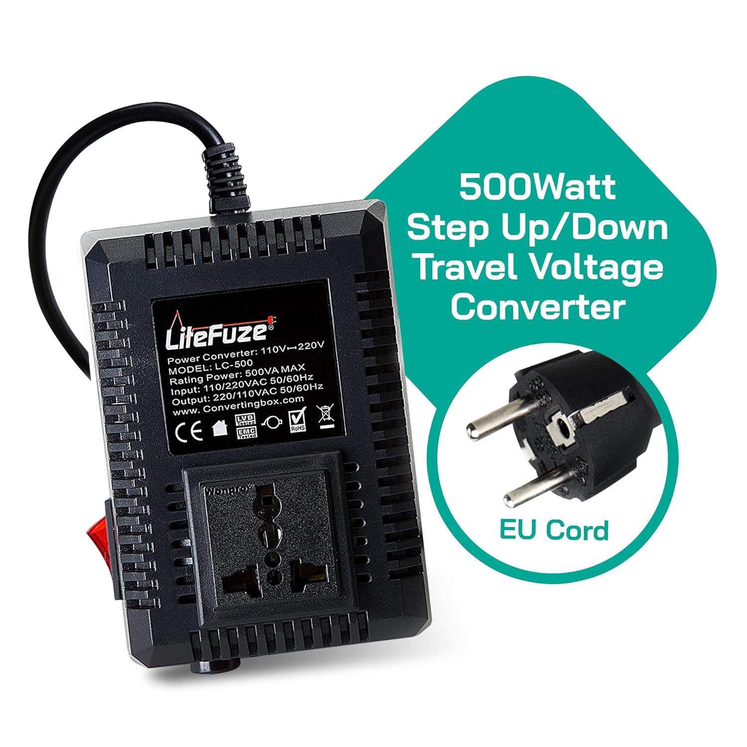 LiteFuze Lc 500Eu 500 Watt Step Up Down Travel Voltage Converter EU Cord 500-Watt Multi