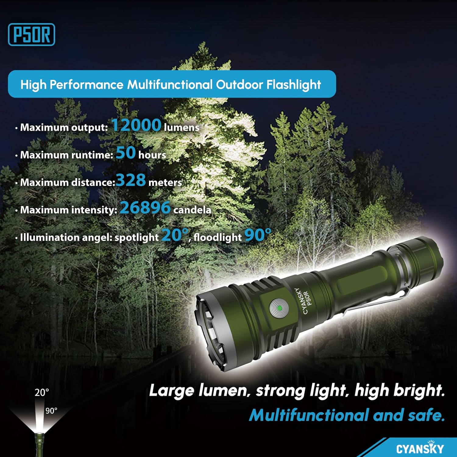 CYASNKY P50R Rechargeable Flashlights,12000 Lumens,Flashlights High Lumens for Outdoor,Super Bright Flashlight,EDC IP68 Waterproof Flash Light for Searching,Rescue,Camping and Emergency