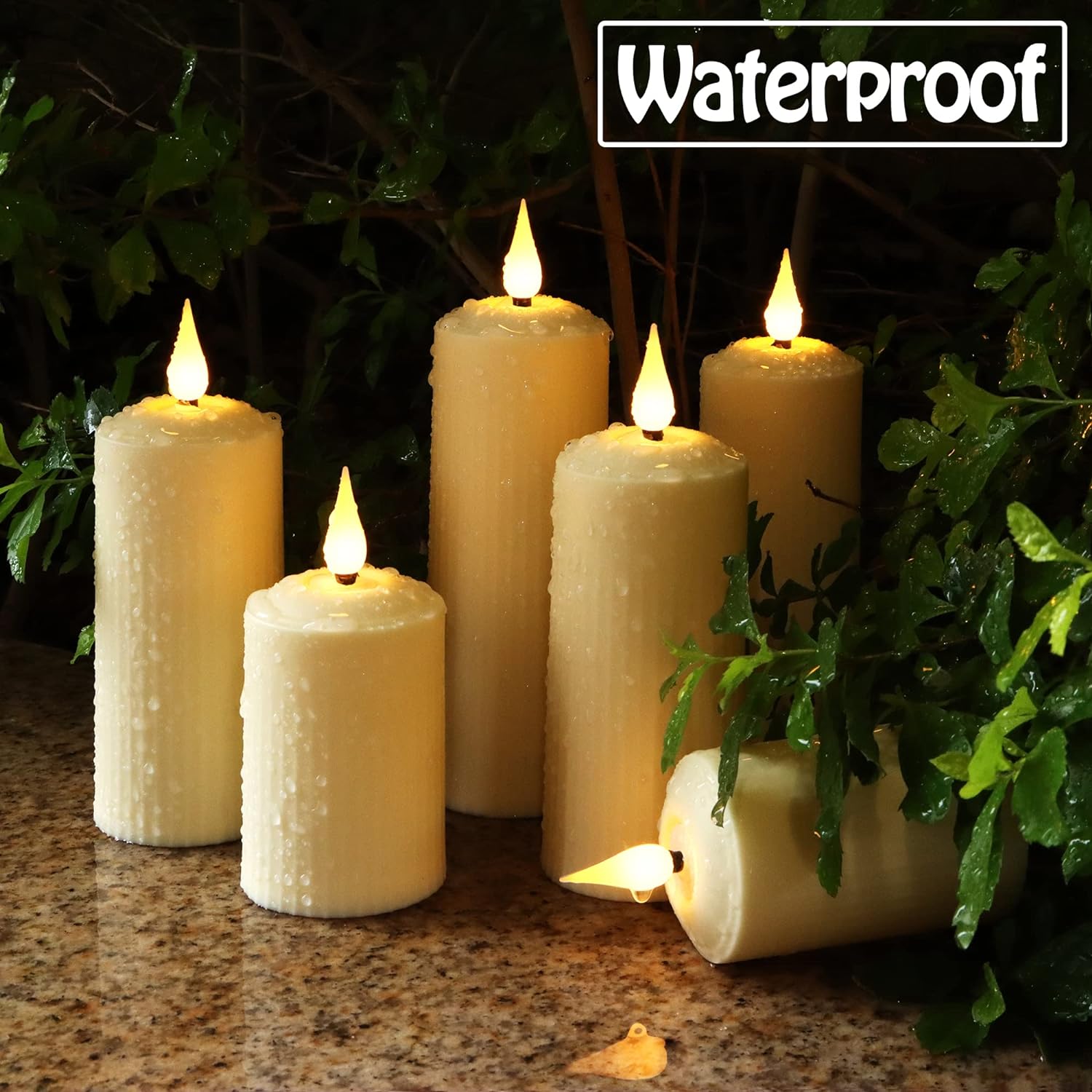 yunsheng Rechargeable LED Candles with 10 Button Remote Control, Outdoor Waterproof Flameless Candles with 6/8 Hour Timer, Roman Pillar Candle in Set of 6 (5 x 10.5/14/16.5 cm), Ivory, Type-C