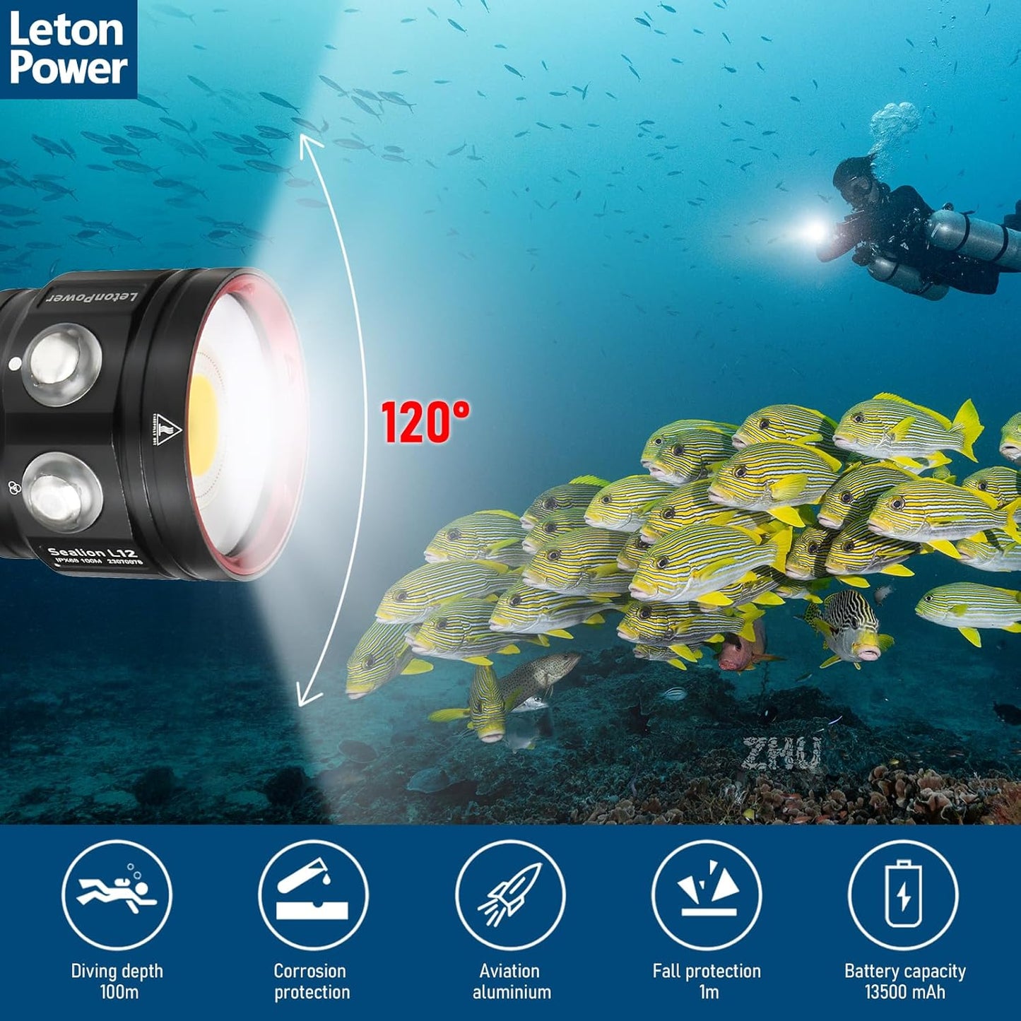Diving Flashlight: L12 8000Lumens Dive Light – Close-up Detail