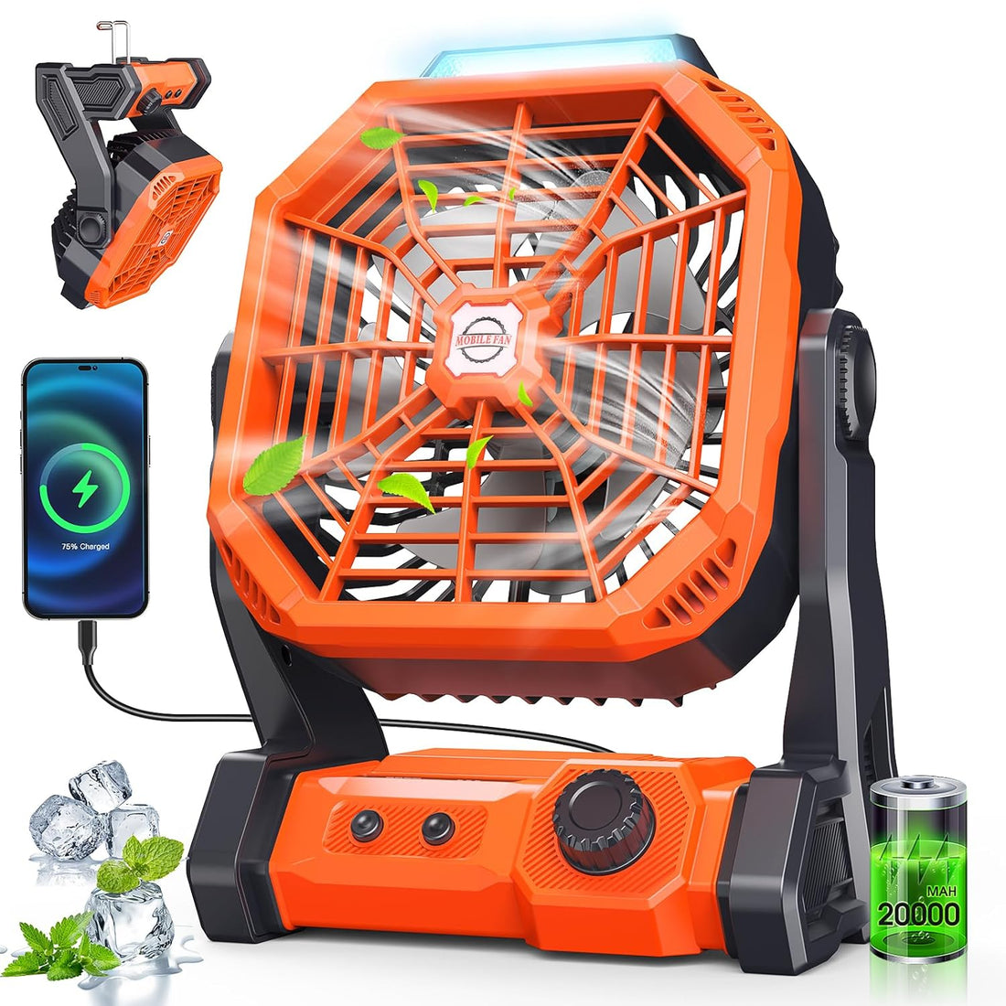 Camping Fan with LED Lantern, 20000mAh Rechargeable Battery Operated Portable Tent Fan with Dual Motor, Quiet and Strong Wind, Hang Hook, Perfect Outdoor USB Fan for Picnic, Barbecue, Fishing, Travel