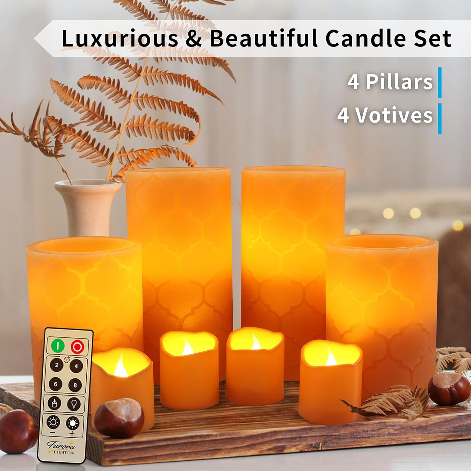 FURORA LIGHTING LED Flameless Candles with Remote – Battery-Operated Flameless Candles Bulk Set of 8 Fake Candles – Small Flameless Candles & Christmas Centerpieces for Tables, Orange-Nordic