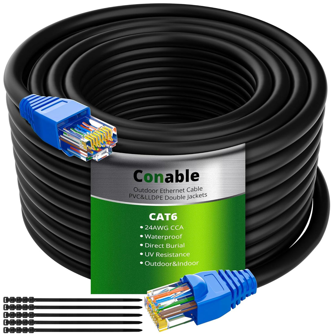 Cat6 Outdoor Ethernet Cable 25ft, Heavy Duty Double Jackets Internet Cord, Waterproof, Direct Burial, (from 25FT to 300 FT) Support PoE Cat6 Cat5e Cat5 Network, Cat 6 RJ45 Patch Cable with 25 Ties