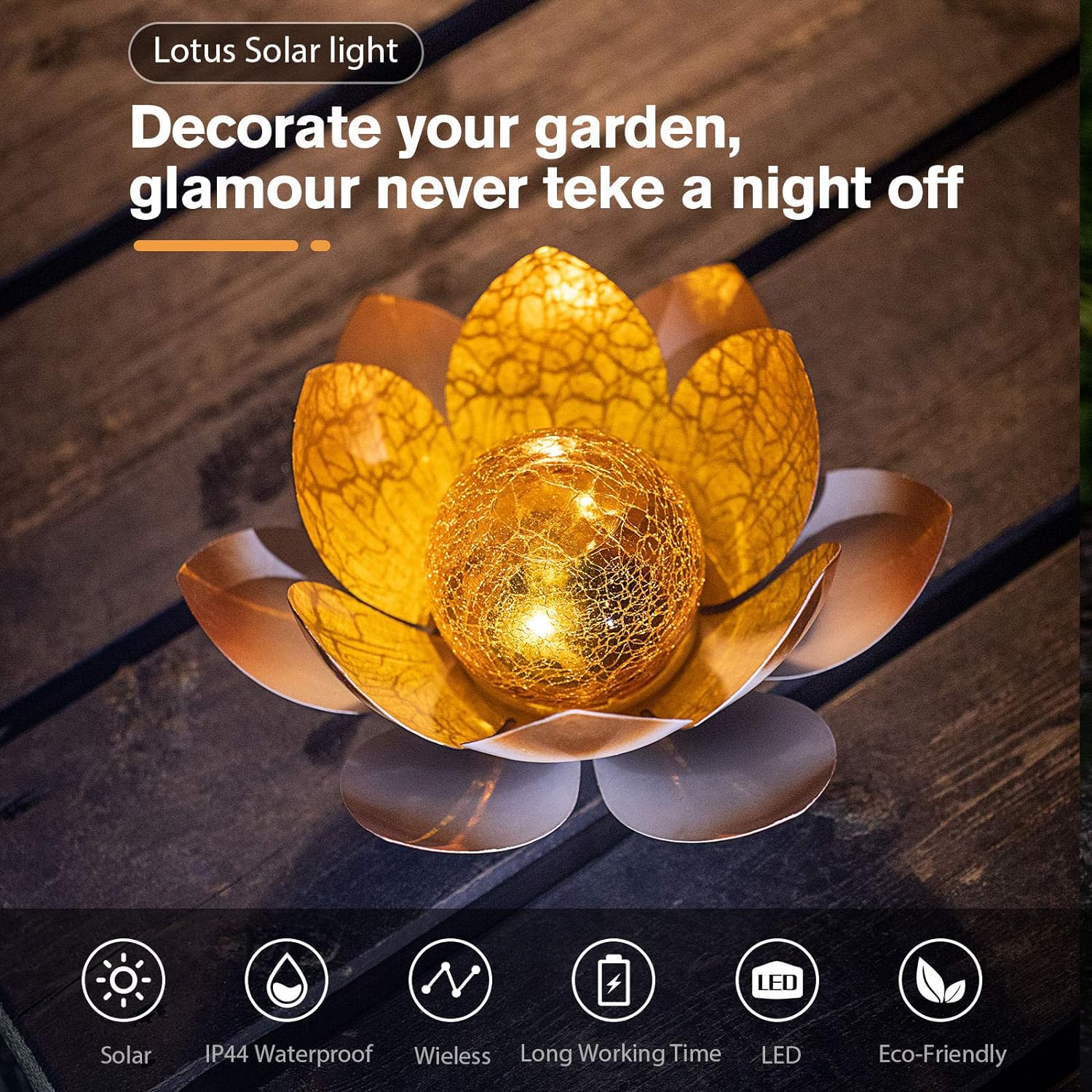 AIINY Garden Solar Light Outdoor , Amber Crackle Globe Glass Lotus Decoration , Waterproof Metal LED Flower Lights for Patio,Lawn,Walkway,Tabletop,Ground