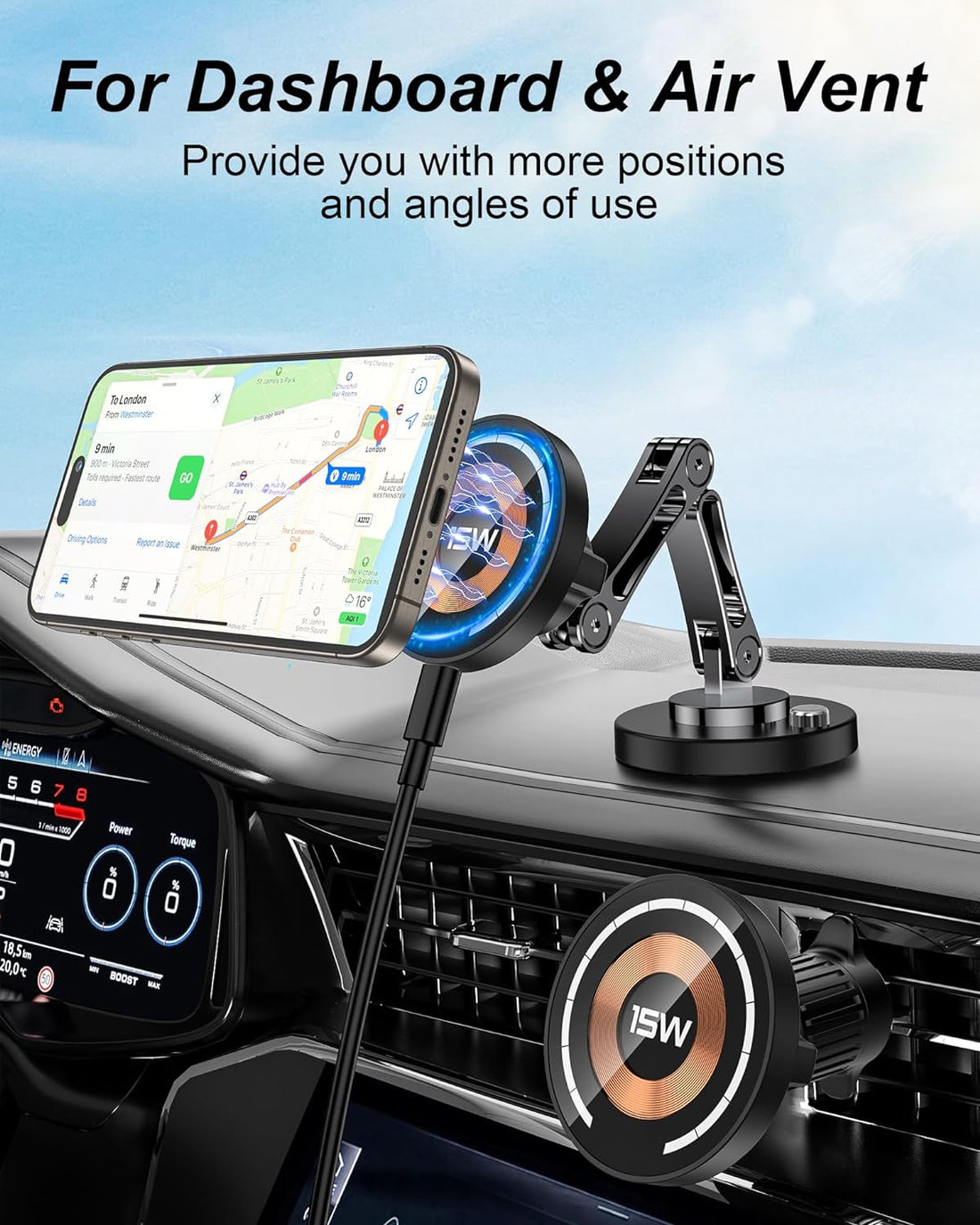 iAXBi Magnetic Car Mount Charger for MagSafe, 15W Wireless Fast Charger Phone Holder for Car Vent and Dashboard, 360° Rotatable Zinc Alloy Handsfree Phone Stand for iPhone 15/14/13/12 Pro Max Mini