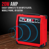 LyxPro Electric Guitar Amp 20 Watt Amplifier Built In Speaker Headphone Jack And Aux Input Includes Gain Bass Treble Volume And Grind - Red