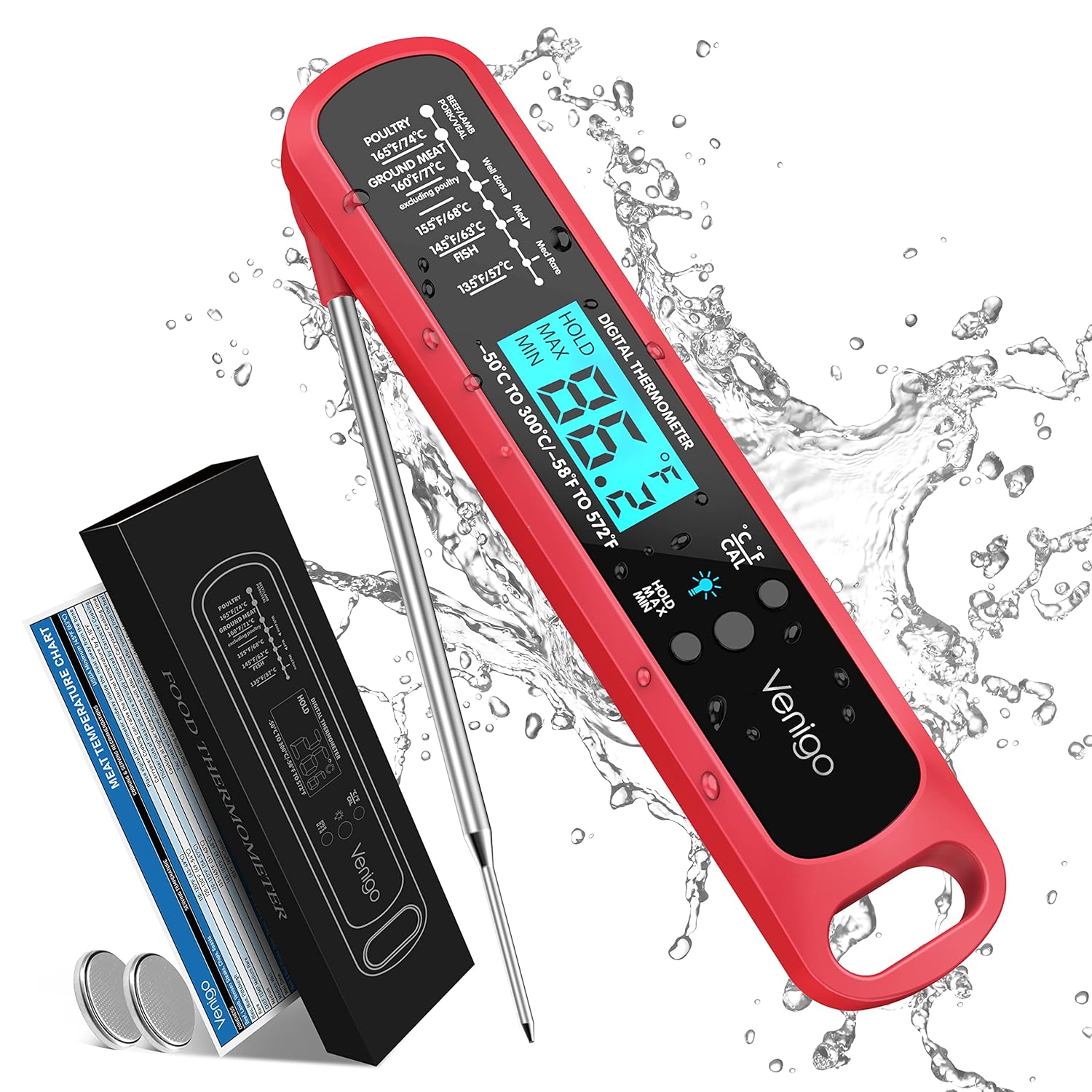 Venigo Digital Meat and Food Thermometer for Cooking and Grilling, Waterproof Instant-Read Cooking Thermometer, Kitchen Probe Thermometer for Baking, Roasting, Smoking, Deep Frying (Red)