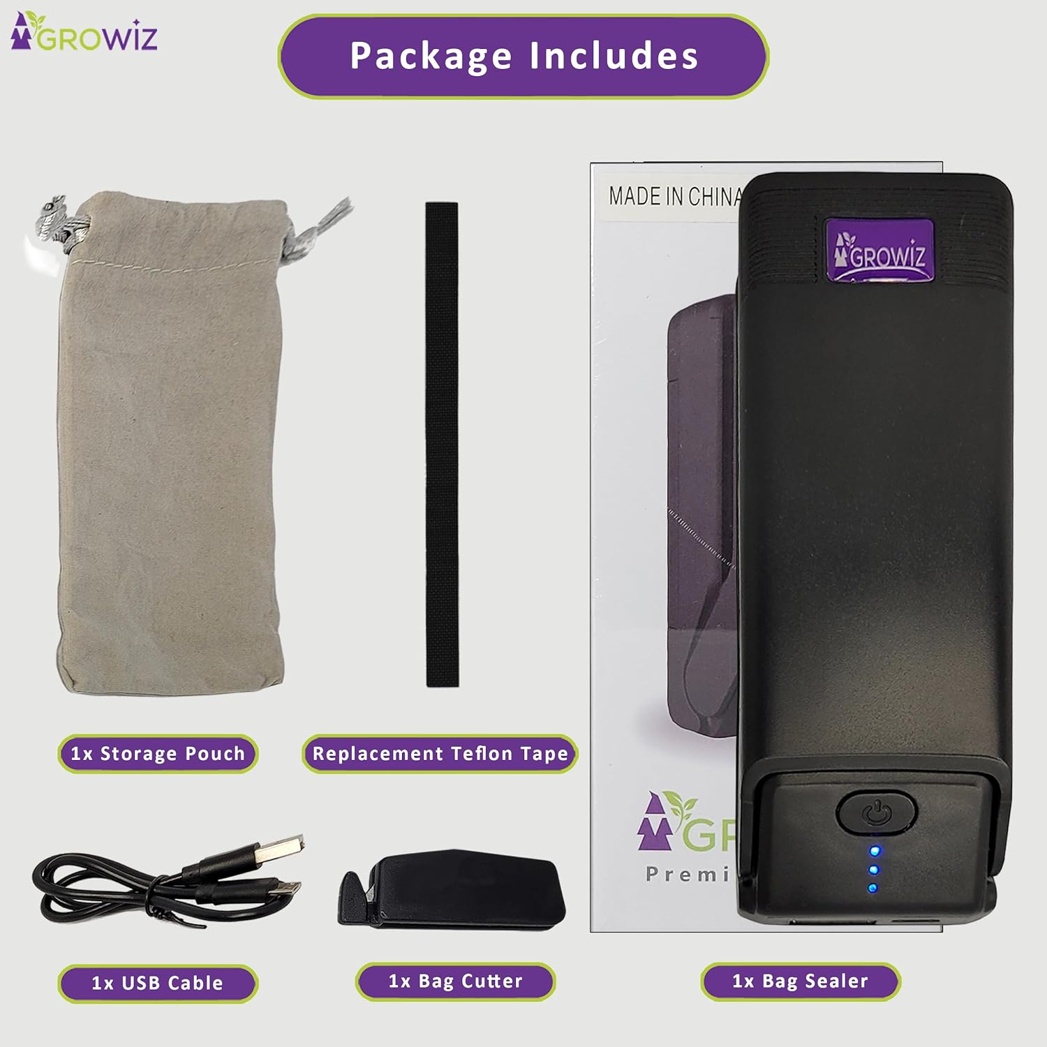 Gro Wiz 7 Watts 2 In 1 Portable Bag Sealer Rechargeable 5V 1200 mAh Battery & Bag Cutter, 3 Heat Sealer Settings Mini Bag Resealer for Chip Bags Kitchen Gadgets