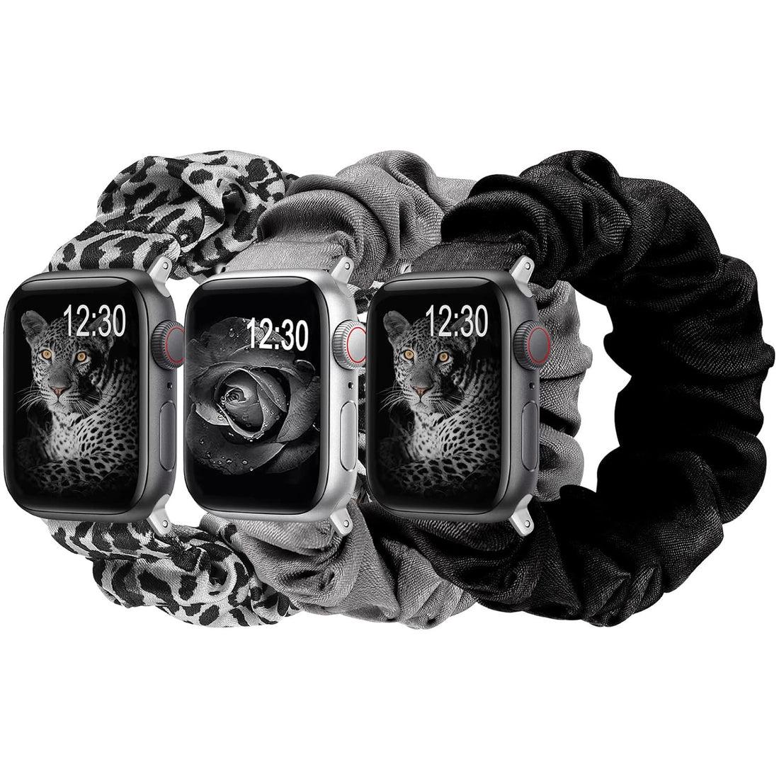 TOYOUTHS 3 Packs Compatible with Apple Watch Band Scrunchies 38mm Cloth Soft Pattern Printed Fabric Bracelet Women IWatch Elastic Scrunchy Bands 40mm 41mm Series SE 7 6 5 4 3 2 1(Black/Leopard/Grey)