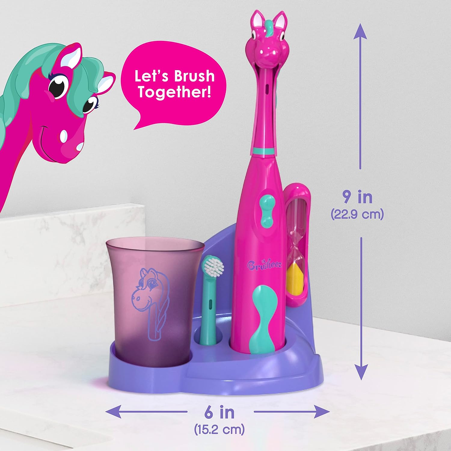 Brusheez - Childrens Electric Toothbrush Includes Toothbrush, Adorable Head Cover, 2 Toothbrush Heads, 2-Minute Sand Timer, and Holder Stand - Prancy the Pony