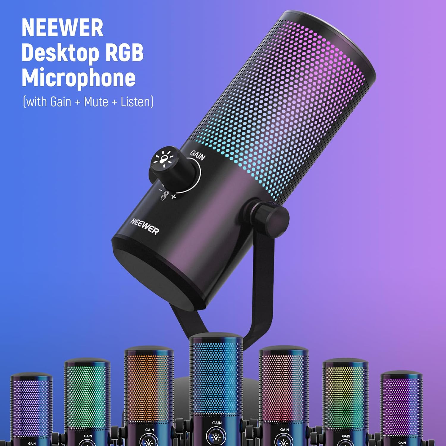 Neewer USB Gaming Microphone with RGB Light Effect, Plug & Play One Click Mute & Gain, for PC Mac PS4 PS5, Cardioid Condenser Mic for Twitch Streaming Game Podcasts, Online Chat and More, CM24