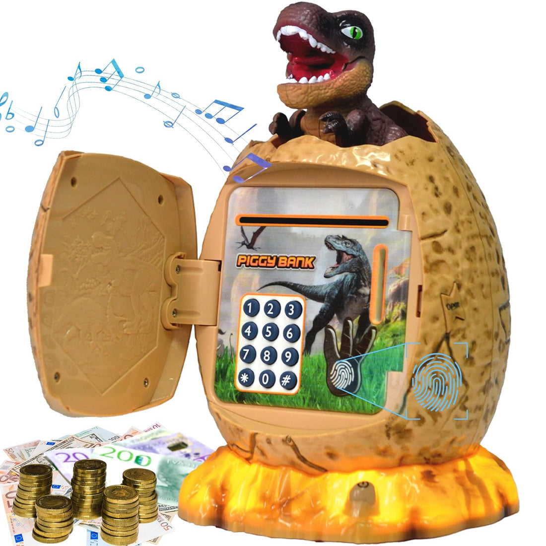 Dinosaur Piggy Bank for Kids, Dinosaur Egg Electronic Money Bank for Boys Girls Coin Bank Toys Savings ATM Machine-Brown