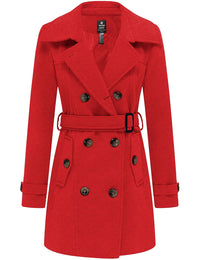 Wantdo Women's Double Breasted Long Trench Coats Pea Coat with Belt Red Small