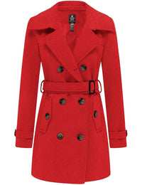 Wantdo Women's Double Breasted Wool Blended Pea Coat Overcoat with Belt Red XX-L