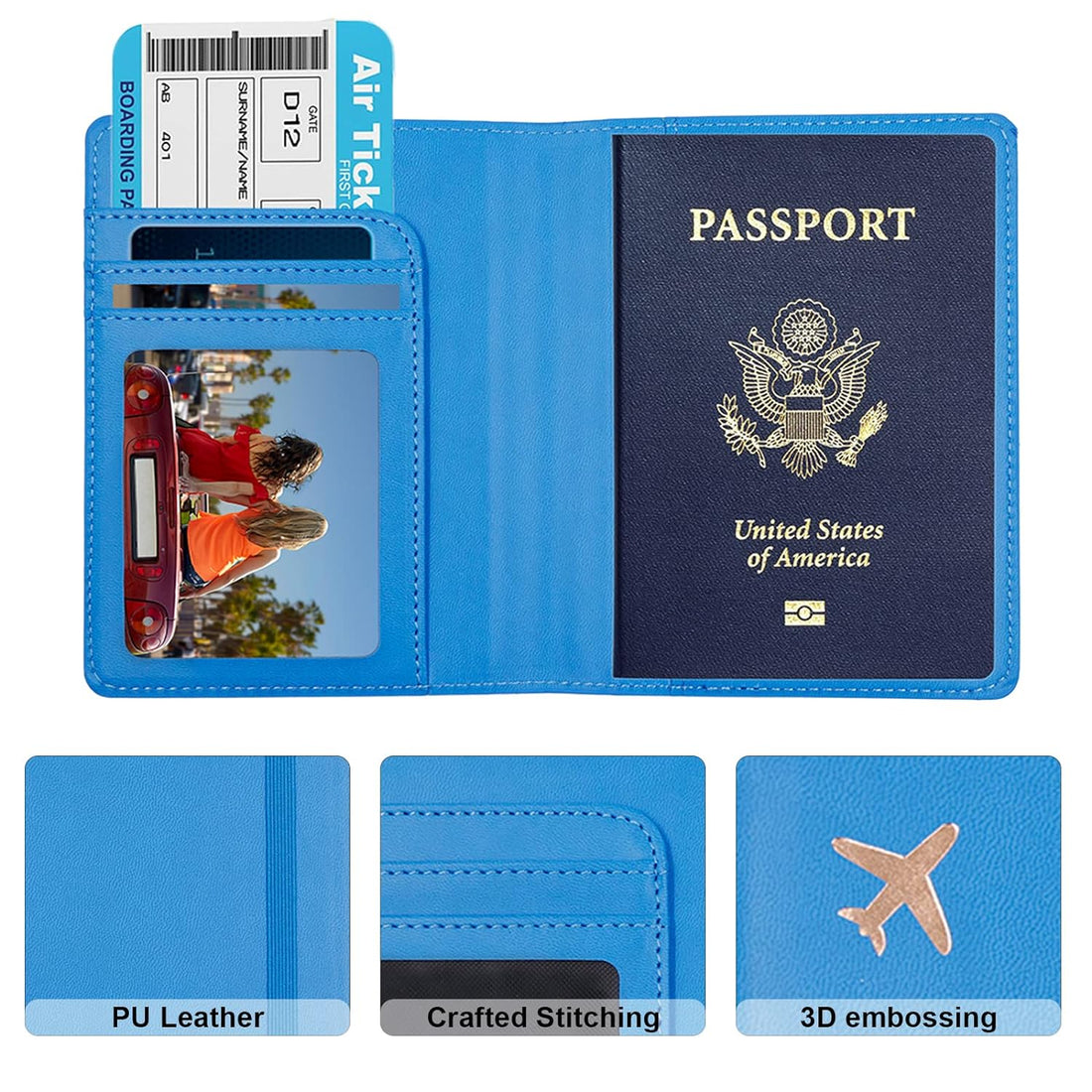 Deziliao Passport and Vaccine Card Holder Combo, PU Leather Passport Holder with Vaccine Card Slot, Passport Wallet for Men and Women, Blue, Basic