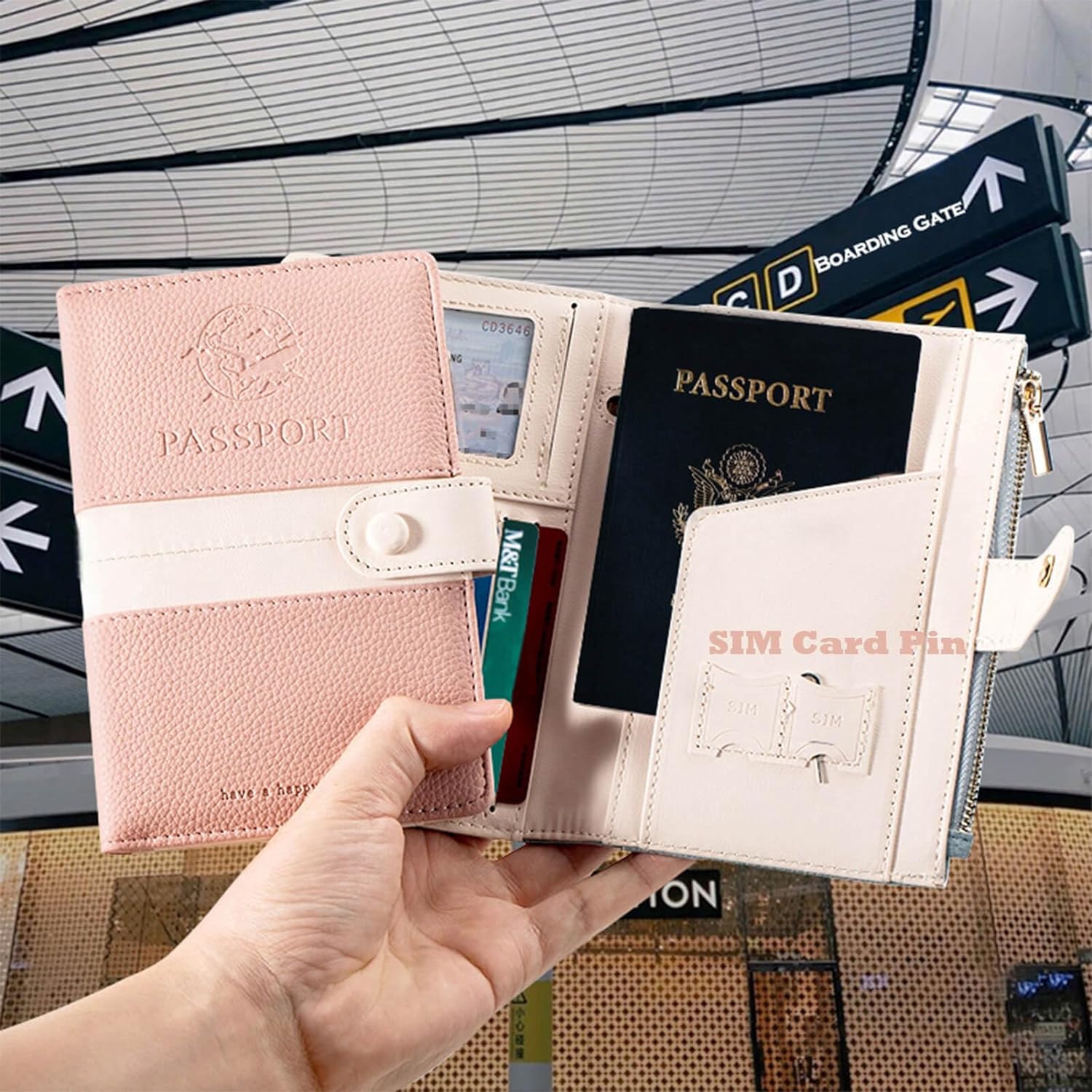 JoyChoi RFID Passport Holder with Airtag, PU Leather Passport Cover, Travel Wallet with Zipper Pocket, Pen Slot & SIM Card Ejector Tool, Essential Travel Accessories, Pink., Pink, Rfid Wallet