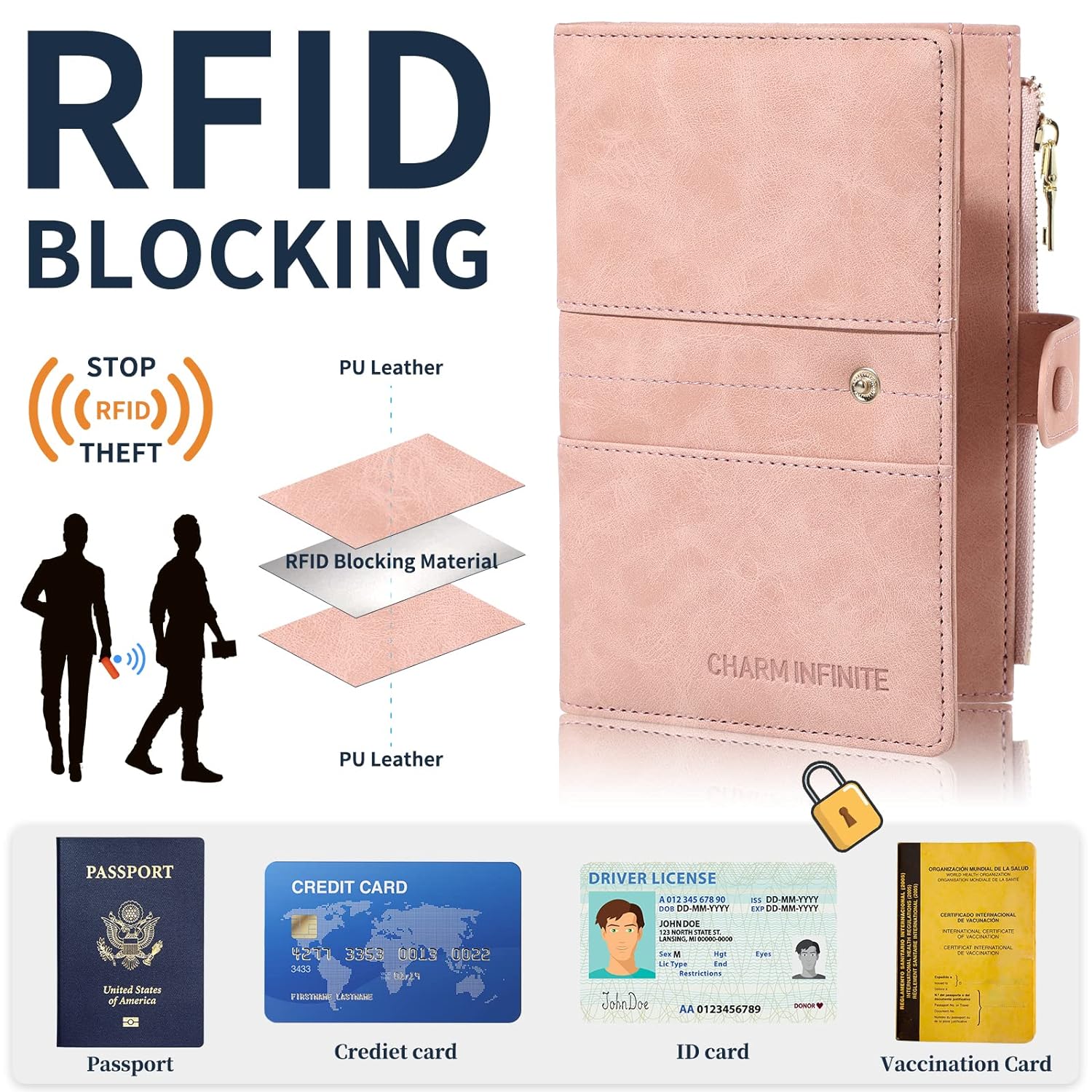Passport and Vaccine Card Holder Combo, RFID Blocking Passport Holder Wallet Passport Cover Card Slots, Leather Passport Case Travel Wallet for Women and Men, Pink, Practical