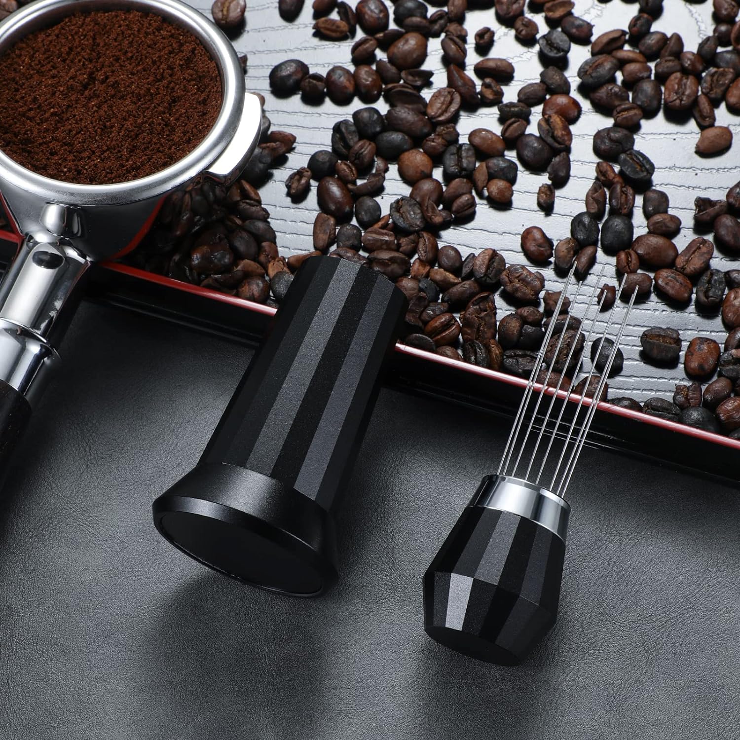 Espresso Coffee Stirrer WDT Tool，Professional Barista Pavant Coffee Stirring Distribution Tool，Aluminum Alloy Handle Stand Needle Type Distributor（Matte Black）