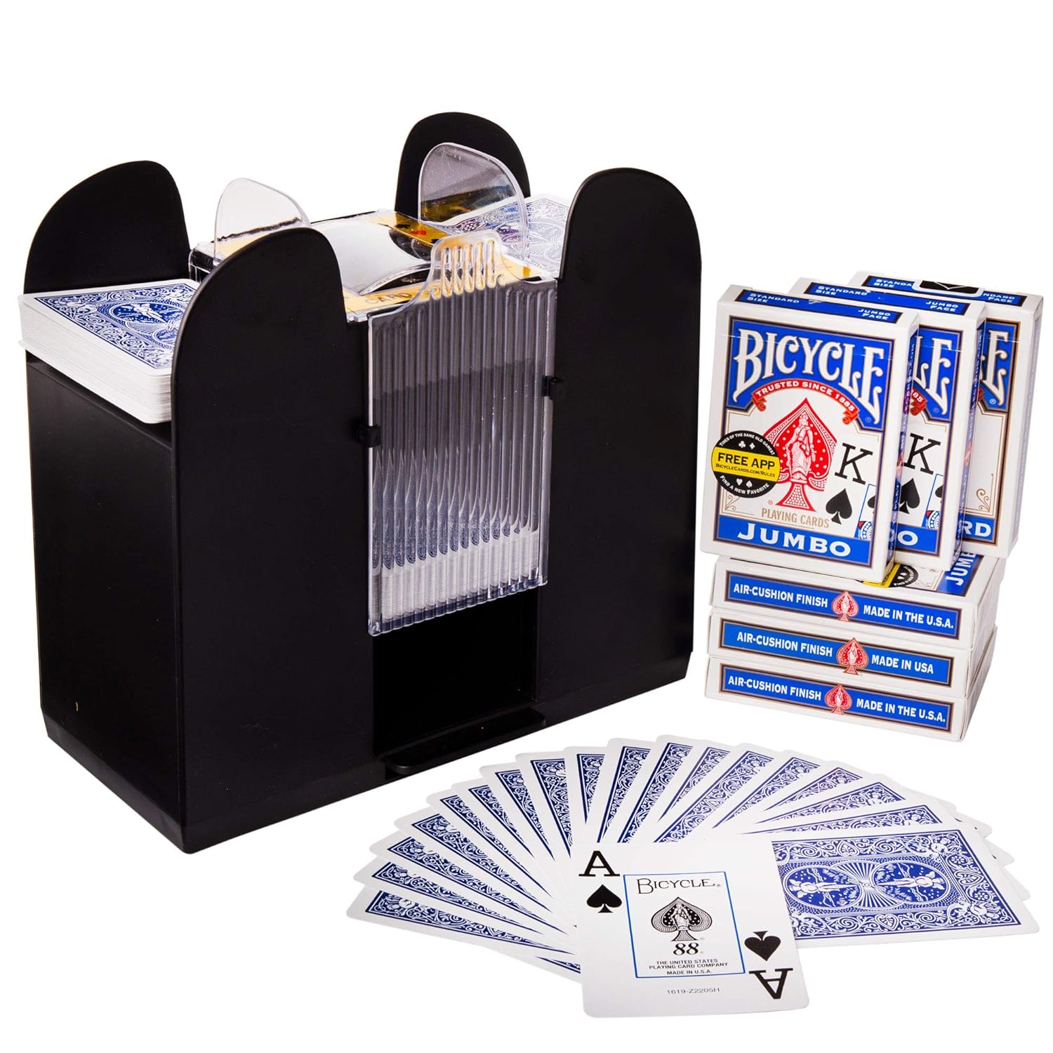Brybelly 6-Deck Shuffler and 6 Jumbo Index Bicycle Decks - Battery-Operated Electric Shuffle Machine with Cards of Your Choice - Home & Casino Tournaments, Classic Poker, & Trading Card Games (Blue)