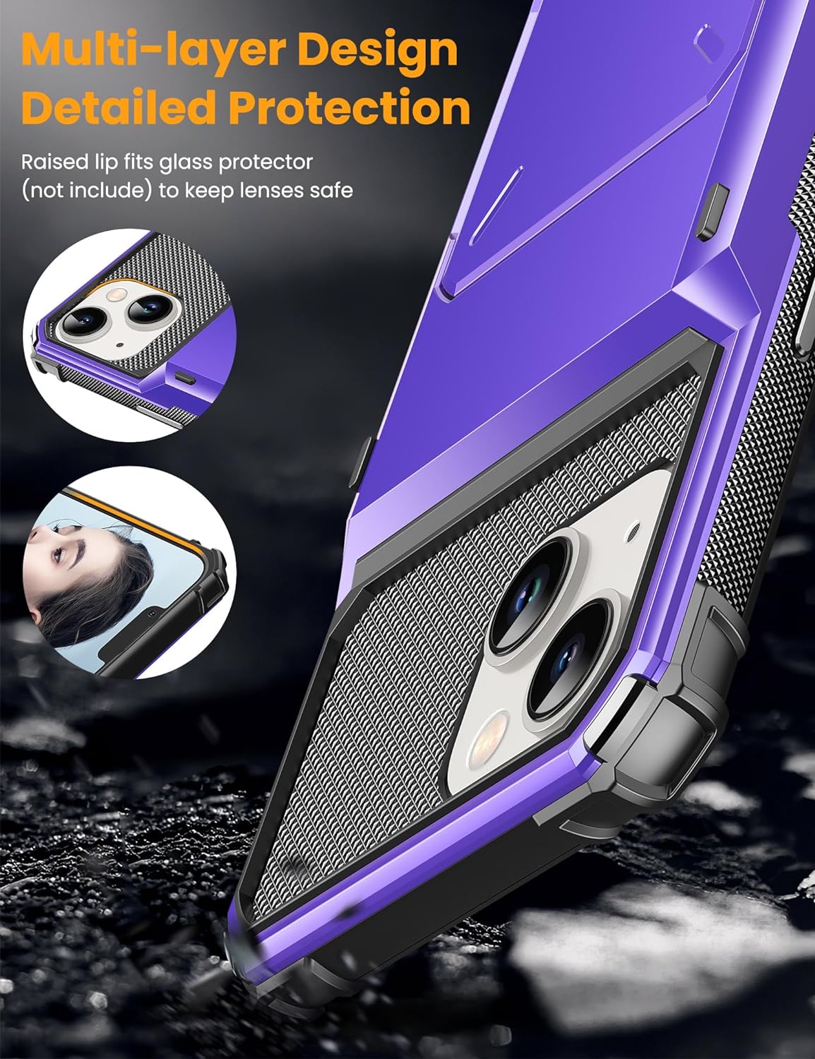 TITACUTE for Phone 15 Case Wallet 5 Credit Card Holder Flip Cover Design ID Slot Back Pocket Dual Layer Armor Scratch Resistant Hard Shell Hybrid Protective Bumper for Phone 15 6.1 Purple