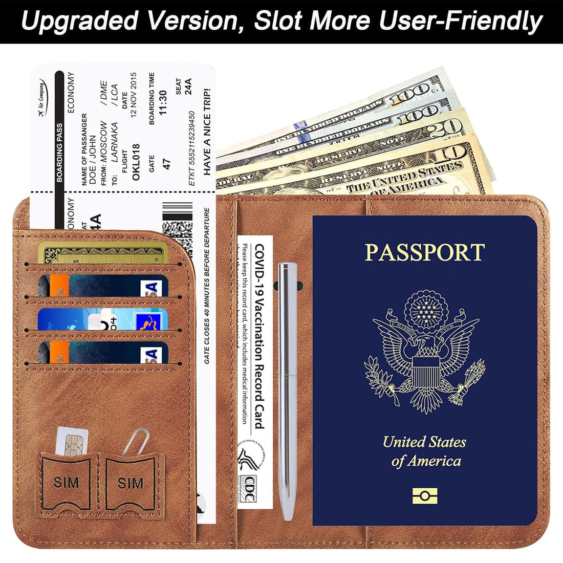 Passport and Vaccine Card Holder Combo Passport Holder Cover Wallet Case Leather Travel Wallet Rfid Blocking for Men Women, 116#Brown, Upgraded