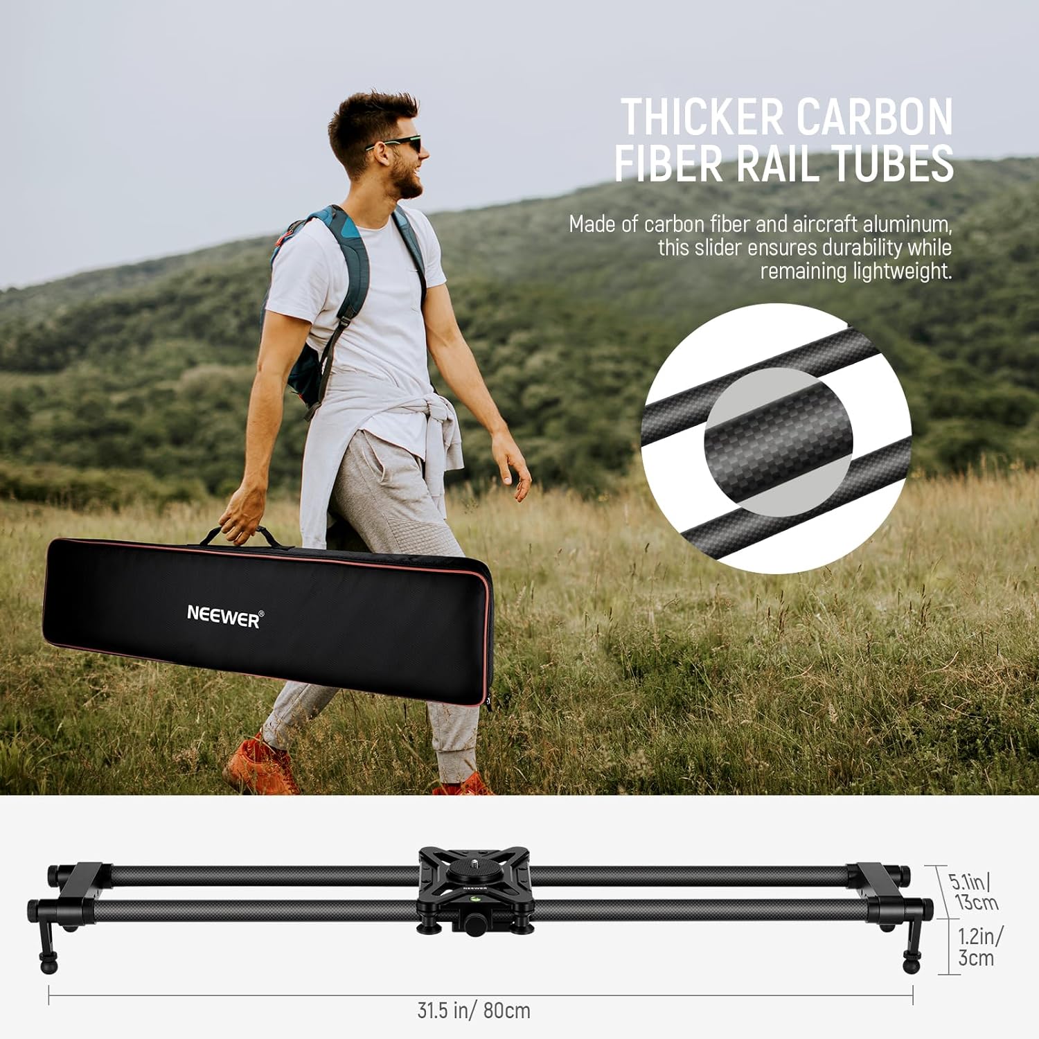 NEEWER 31.5in/80cm Carbon Fiber Camera Slider, Dolly Rail Track with Thicker Tube & More Stable Support, 4 Precise Smooth Bearings and Leveler for DSLR Camera Camcorder, Max Load 17.6lb/8kg, CS80CM