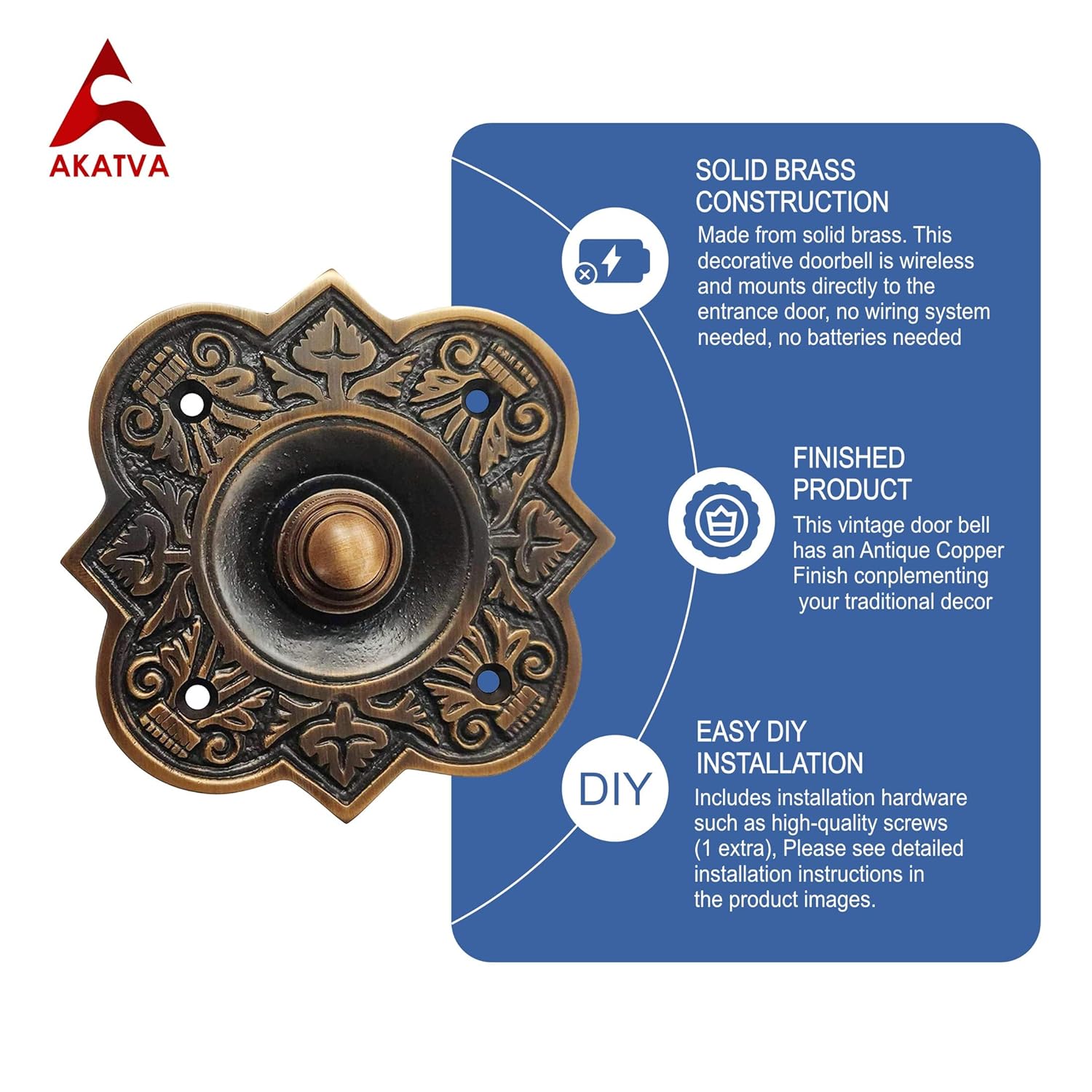 Akatva Decorative Doorbell Button – Finest Quality Bell Push Button – Easy to Install Calling Bell Button – Vintage Décor Doorbell Button Finely Hand Crafted - Antique Copper Finish