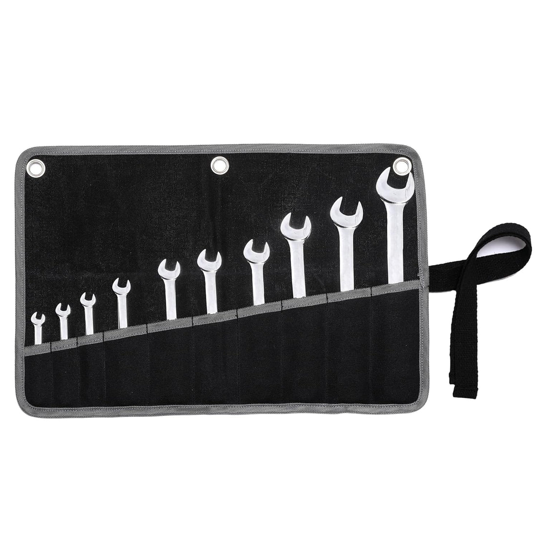 Wrench Tool Roll, 16OZ Waxed Canvas Wrench Organizer with 10 Pockets & Hanging Grommets, Tool Roll Bag for Metric & SAE Wrenches | Black