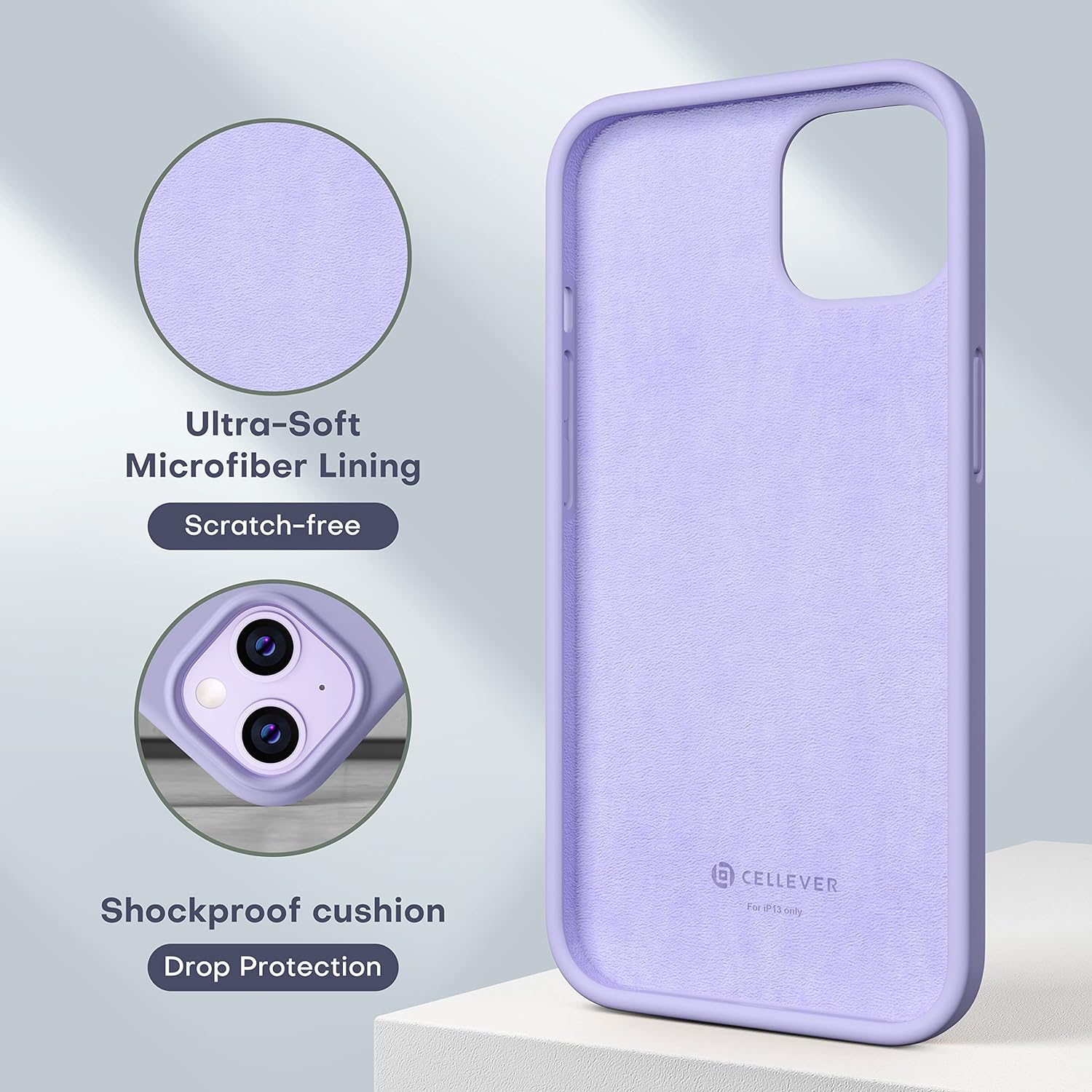 CellEver Silicone Case for iPhone 13, Slim Shockproof Case with Soft Touch Microfiber Lining Cushion (Light Purple)