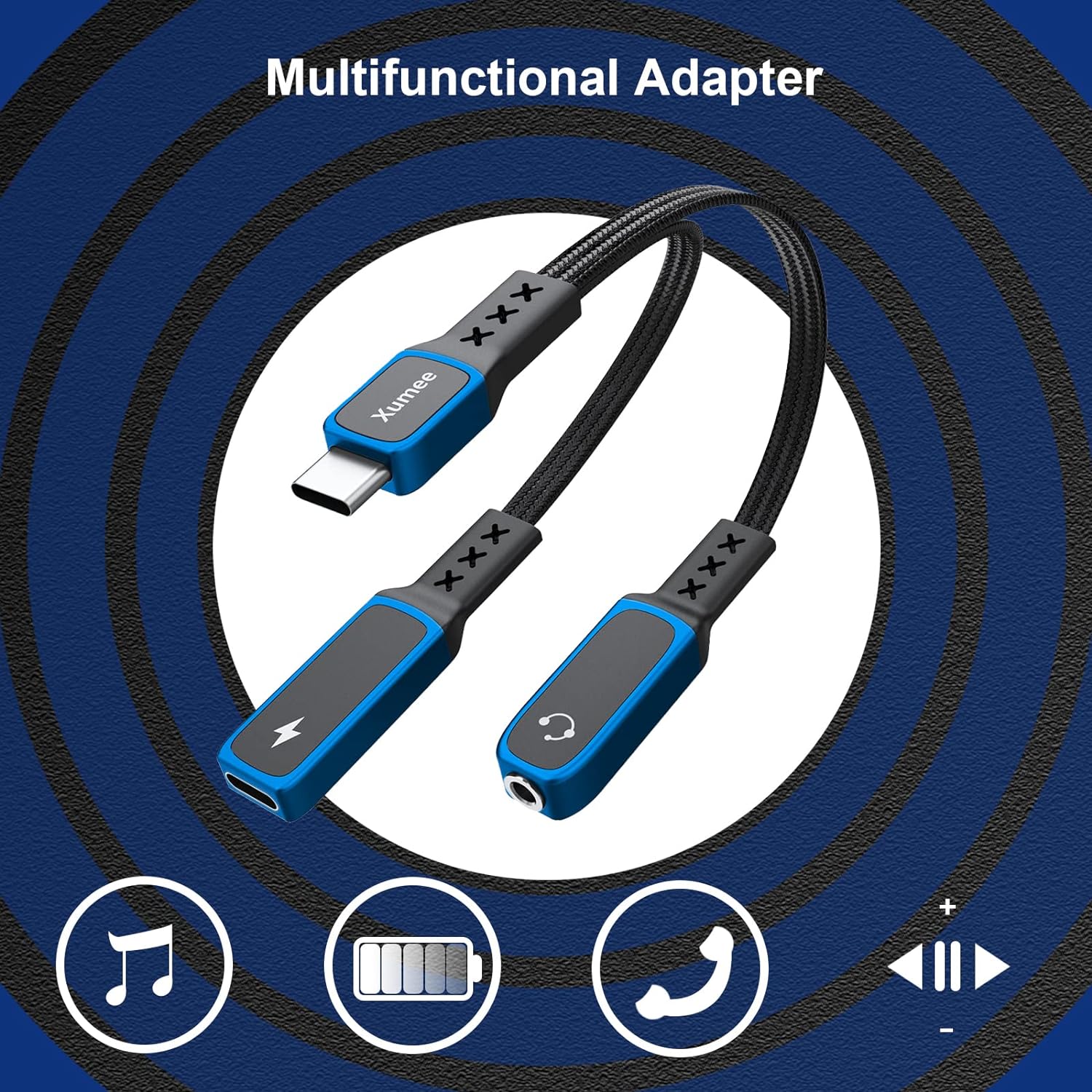 【Upgraded】USB C to 3.5mm Audio Adapter and Charger,Xumee 2-in-1 USB-C splitter Aux and Charging, Type C Headphones Mic Jack Dongle Compatible with Pixel 5 4 XL, Galaxy S22 S21 S20 S20+ Note 20(Blue)