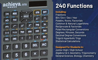 Achieva Scientific Calculator with Erasable LCD Writing Tablet | 2-Line Display | Dual Solar & Battery Power | for Students in Middle School, High School (970)