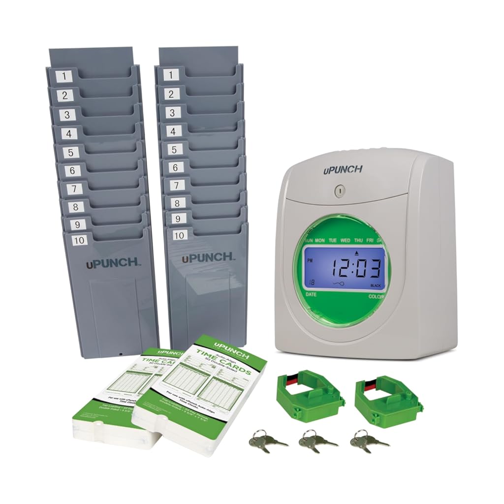 uPunch Time Clock Bundle with 100 Cards, 2 Ribbons, 2 Time Card Racks, & 6 Keys (HN3500)