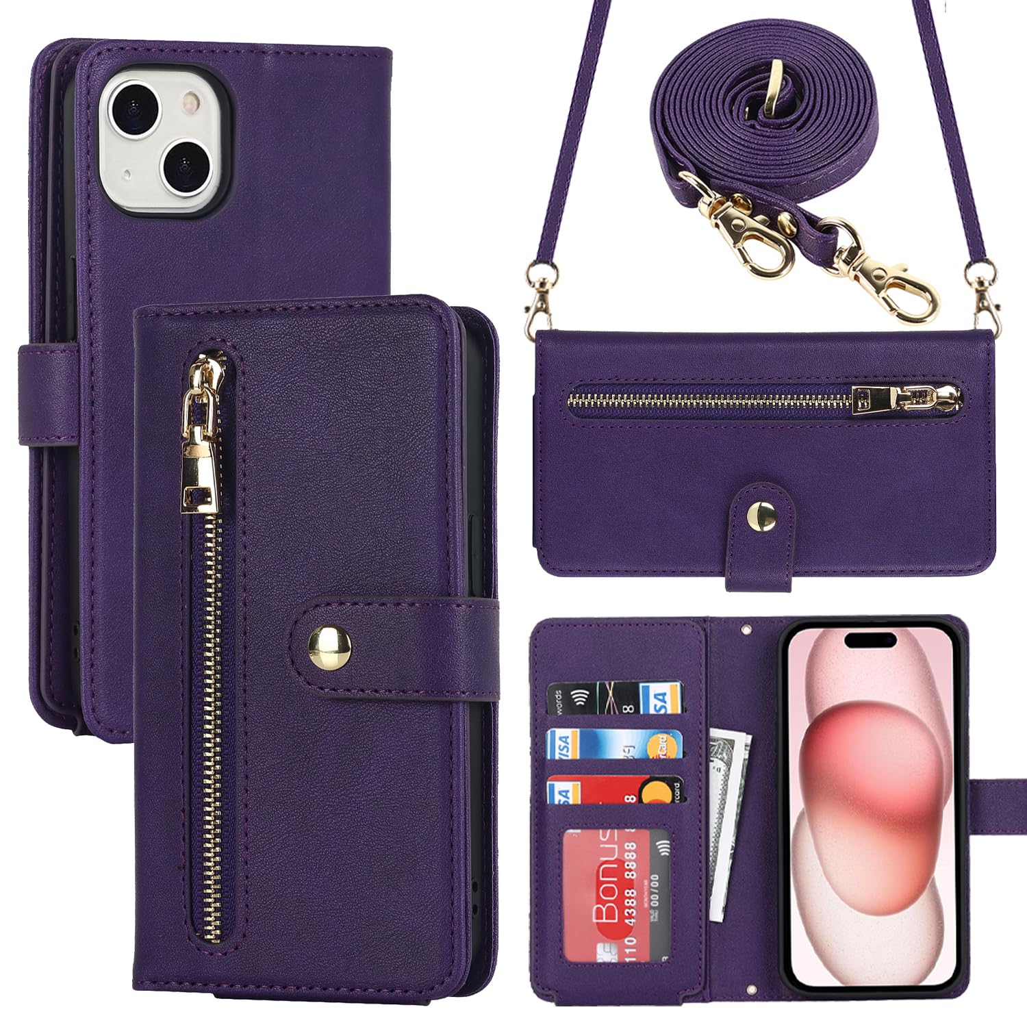 Ｈａｖａｙａ Compatible with iPhone 15 Plus Case Wallet with Card Holder Compatible with iPhone 15 Plus Phone case for Women,Flip Crossbody Zipper Wallet case with Credit Card Holders-Purple