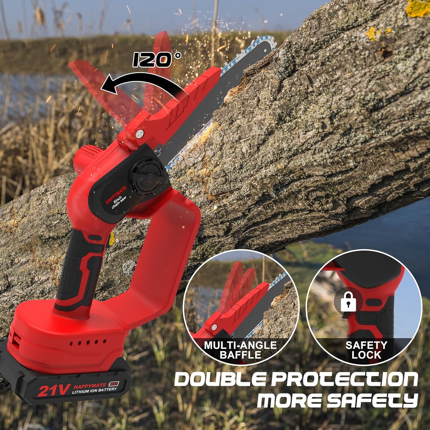 Mini Chainsaw Cordless 8 Inch,HAPPYMATE Mini Chainsaw with 2 Packs Rechargeable Batteries,One-Handed Electric Chainsaw for Wood Branch Cutting and Tree Trimming,Red