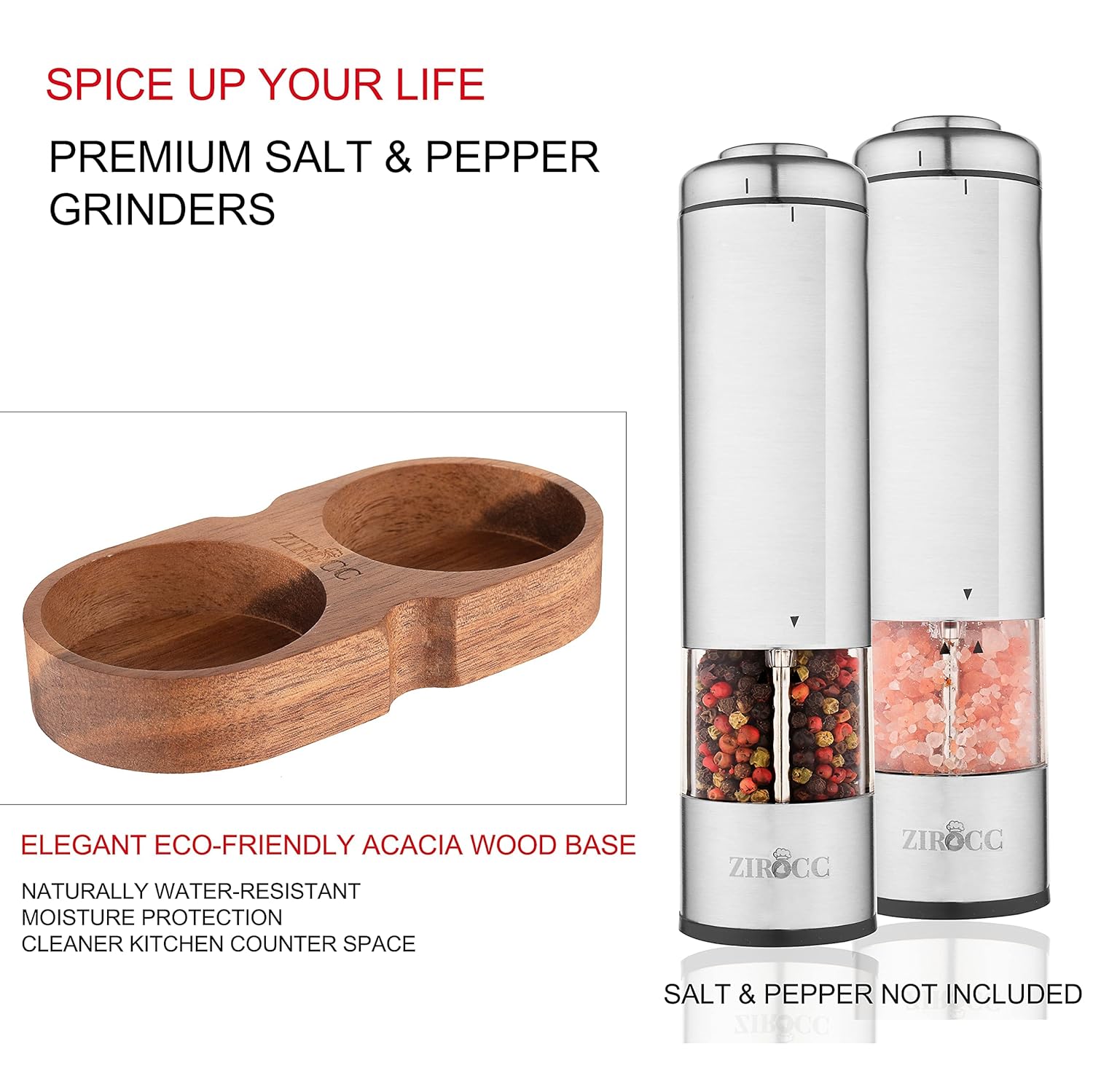 Electric Salt and Pepper Grinder Set (Batteries included)-Battery Operated Stainless Steel Salt & Pepper Mills (Pack of 2)-Adjustable Coarseness with Bright LED light-Acacia Base