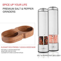 Electric Salt and Pepper Grinder Set (Batteries included)-Battery Operated Stainless Steel Salt & Pepper Mills (Pack of 2)-Adjustable Coarseness with Bright LED light-Acacia Base