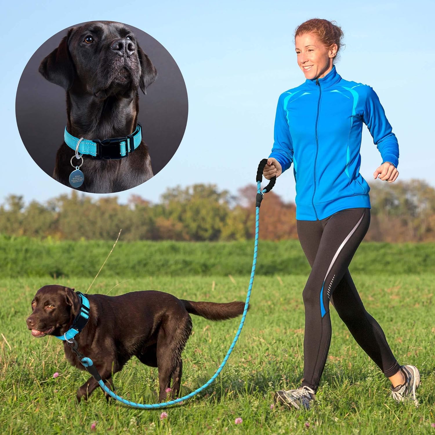 Ladoogo Reflective Dog Collar Padded with Soft Neoprene Breathable Adjustable Nylon Dog Collars for Small Medium Large Dogs (X-Small (Pack of 1), Blue Collar+Leash)