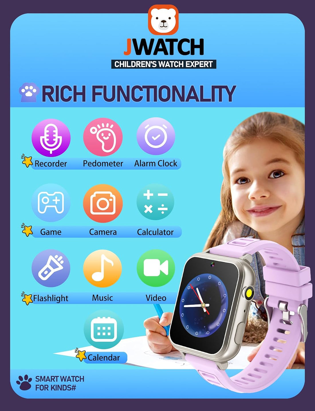 Jwatch Kids Smart Watch for Boys Girls 6-12 with Pedometer Audio Book Camera Music Player Birthday (Silver Frame Purple)……