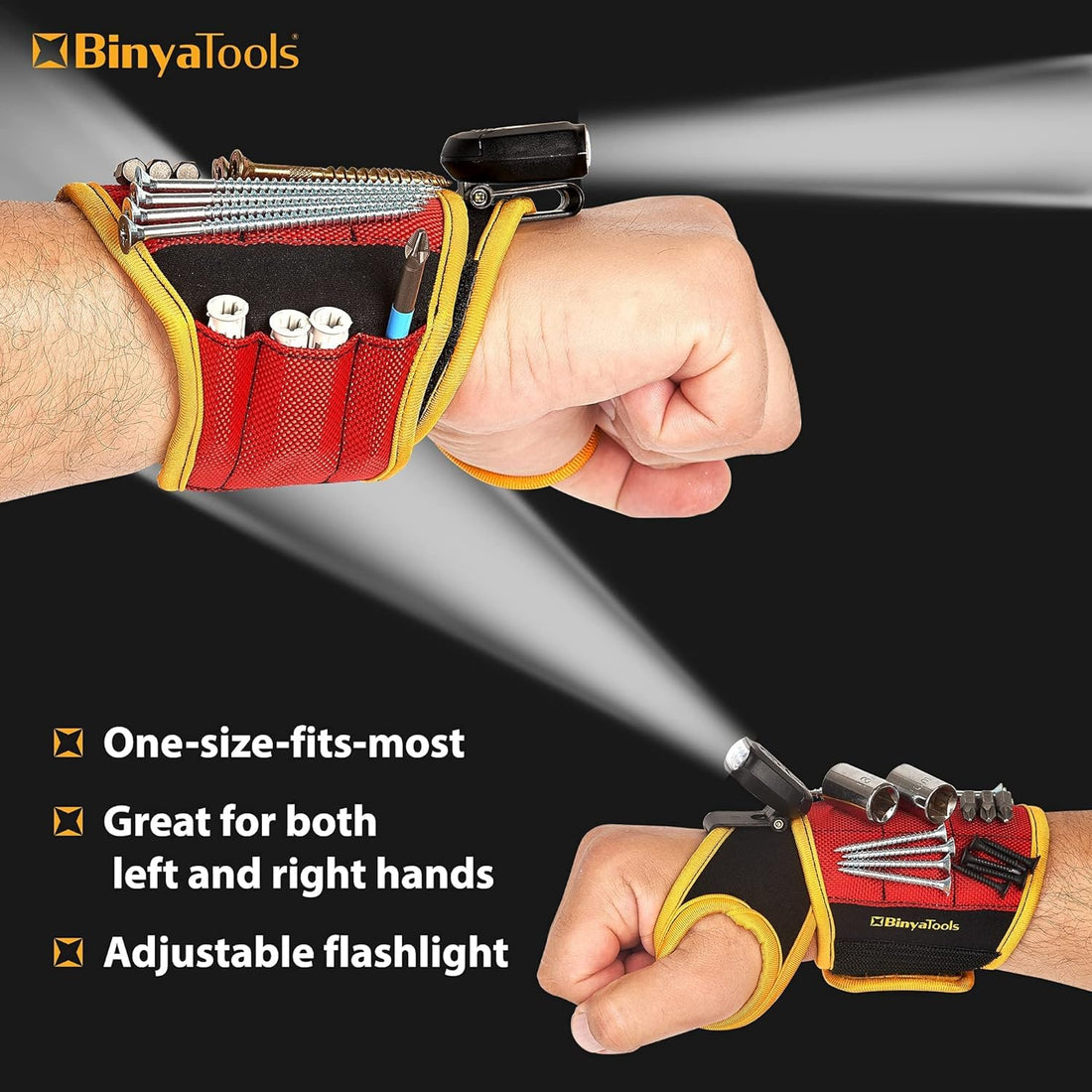 BINYATOOLS Magnetic Wristband RED with Flashlight Super Strong Magnets Holds Screws, Nails, Drill Bit. Unique Wrist Support Design Cool Gadget Gifts for Fathers, Boyfriends, Handyman, Electrician